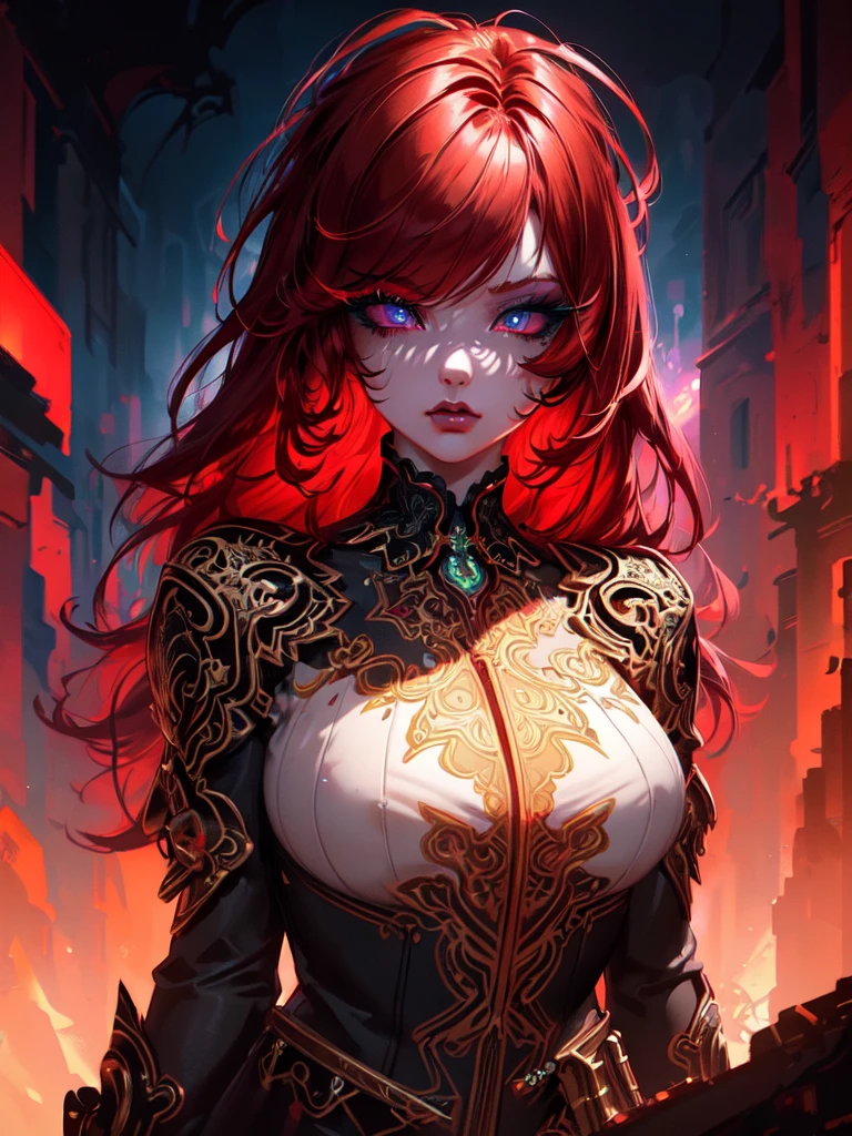 Red hair color,(masterpiece, best quality),(1 lady),(solo),(artstation),(dynamic),(charming),(magical),(unreal engine),(fantastically beautiful),(illustration),(dramatic lighting),(rave background),(neon glow),(maximalist),(extremely detailed eyes and face),(long eyelashes),(intricate details),(vibrant colors),(cinematic lighting),(fantasy portrait)