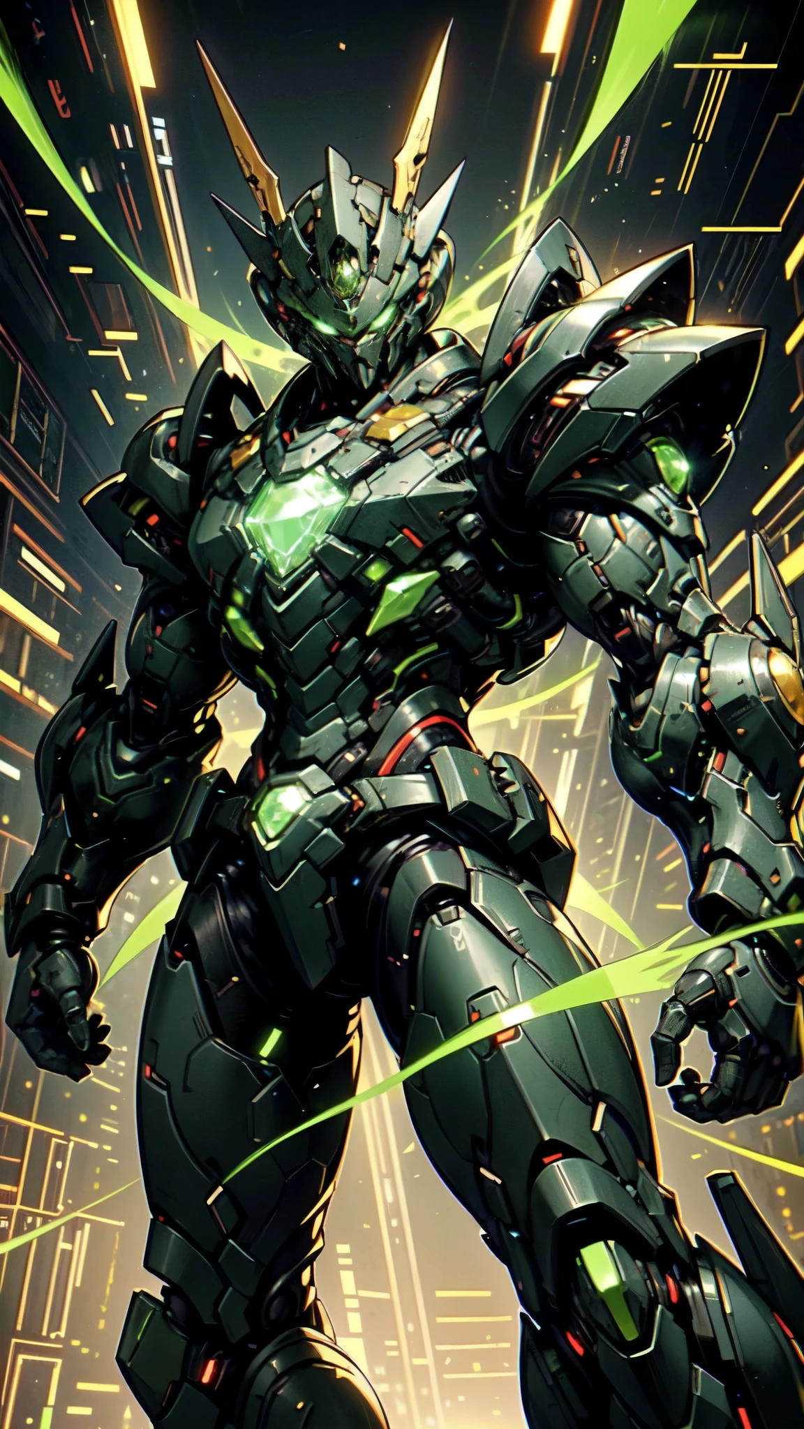 (masterpiece:1.5, best quality:1.5, extremely delicate:1.5, foreshortening:1.5, dynamic angle:1.5), a man wearing a full-face helmet, a fantasy-style biotech armored combat suit, green eyes, (a composite layered chest armor), fully enclosed shoulder guards, matching arm and leg guards, the belt is adorned with neon circuitry, (the color scheme is primarily black glow with green and red accents), the design balances heavy with agility, a high-tech bio-mecha armor, (Armor Concept Inspired by neon Cyberpunk, stand on the top of a skyscraper in a futuristic sci-fi city), this character embodies a finely crafted fantasy-surreal style armored hero in anime style, exquisite and mature manga art style, (element, plasma, energy, the armor glows), ((male:1.5)), metallic, high definition, highres, ultra-detailed, ultra-fine painting, professional, perfect body proportions, golden ratio, anatomically correct, symmetrical face, extremely detailed eyes and face, high quality eyes, creativity, RAW photo, UHD, 32k, Natural light, cinematic lighting, masterpiece-anatomy-perfect