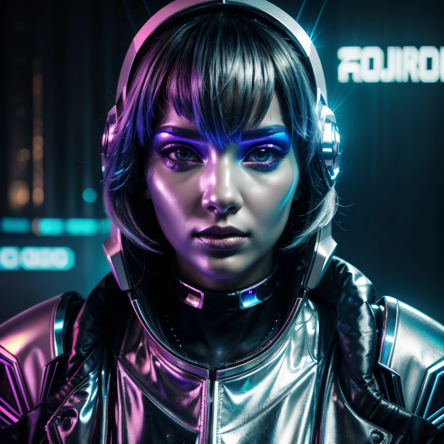 a close up of a woman wearing a shiny silver helmet and a shiny jacket, cyber aesthetic, cyberpunk vibes, futuristic aesthetic, futuristic style, holographic design, futuristic look, futuristic art style, wearing futuristic, cyber style, futuristic fashion, holographic, muted cyberpunk style, fashionable futuristic woman, aesthetic cyberpunk, style hybrid mix of beeple, iridescent # imaginativerealism