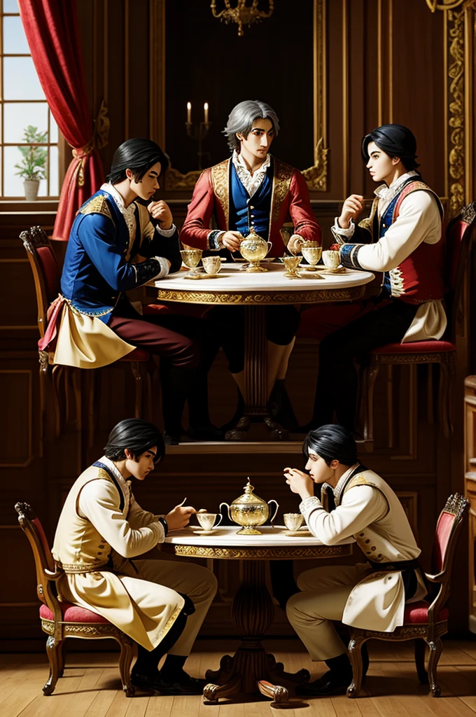 Three young men having tea in a baroque style room, anime drawing style