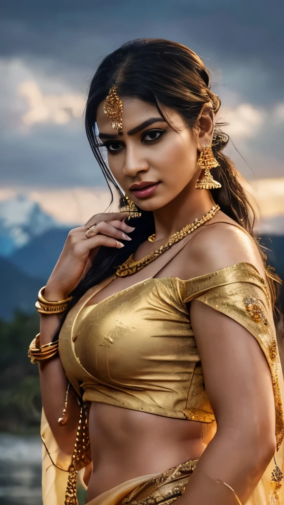 beautiful young maiden, standing in the rain, large breasts, long hair tied in a bun, wearing a shirt and a transparent golden sarong, wearing heavy makeup, long eye lashes, eye mascara, wearing golden ornaments, long earrings, necklace, arm bands, bangles, nose ring and waist chain, wet clothes, worried look, snow capped mountains in the background