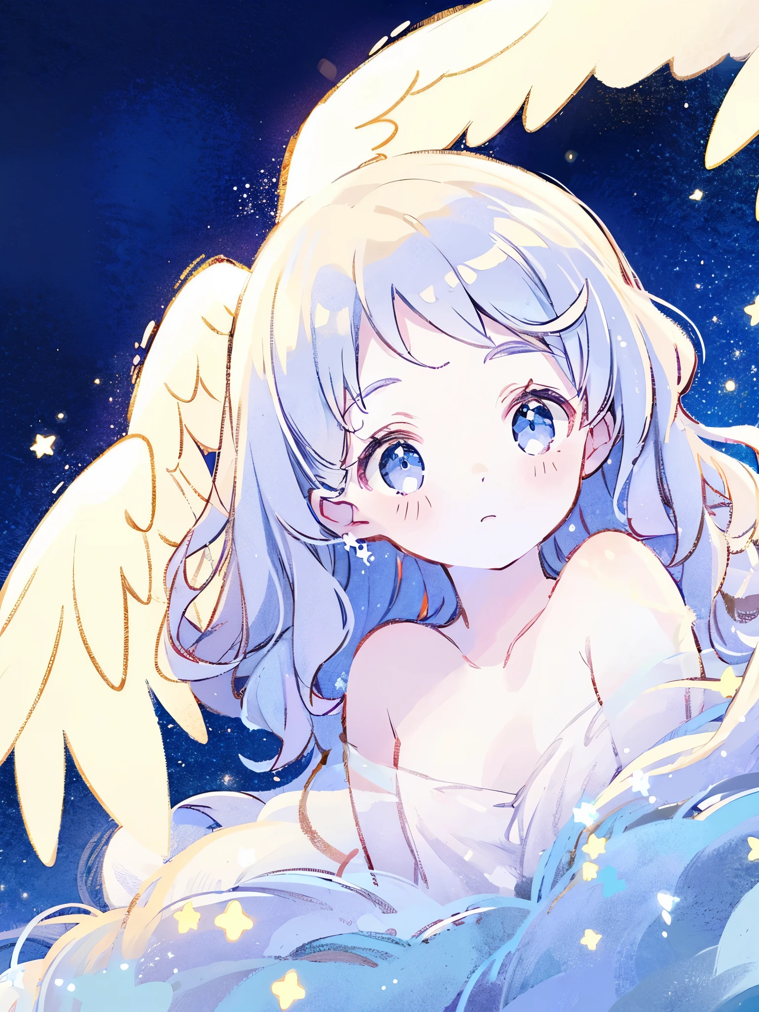 nude angel girl wearing an ethereal translucent dress, pale skin, ((blue mint wavy hair)), white feathers, angel wings, sparkling detailed eyes, golden ratio face, perfect composition, highly detailed, ethereal, (starry night sky background), midjourney style