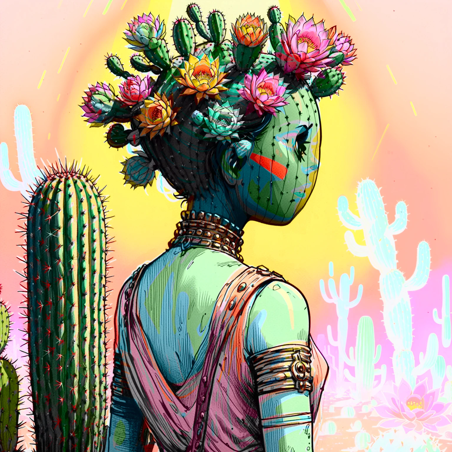 illustrate cactus princess, film screengrab, minimal, serene, perfect, strange, candid, cinematic, surreal, anthropomorphic cactus princess with crown of ornate cactus flowers (ladyfingers and opuntia, vibrant), , realism, photographed, timeless, lost in space, liminal, blank canvas, abstract, nuanced, clearly cartoon distinct, An over the shoulder sketch in the style of Jamie Hewlett and Joelle Jones, with 90s comic aesthetics, expressive ink work, cinematic compositions, and nuanced details. Desert color scheme, 1990's animated tv show screengrab, uv light rays across face, VHS, glitch, distorted, nostalgia, 90's retro vibes, analog tape, vcr aesthetics, tv, television, comic 1990's, animated tv show screengrab, cinematic poster, image within image, multiple exposure, massive scale, rich color grading for shading depth, hand drawn rotoscope cartoon realism, chiaroscuro lighting, mixed media, vintage comic, retro original design, 1990's comic, sense of movement energy, rewilding, (full roygbiv color) ink charcoal expressive illustration,