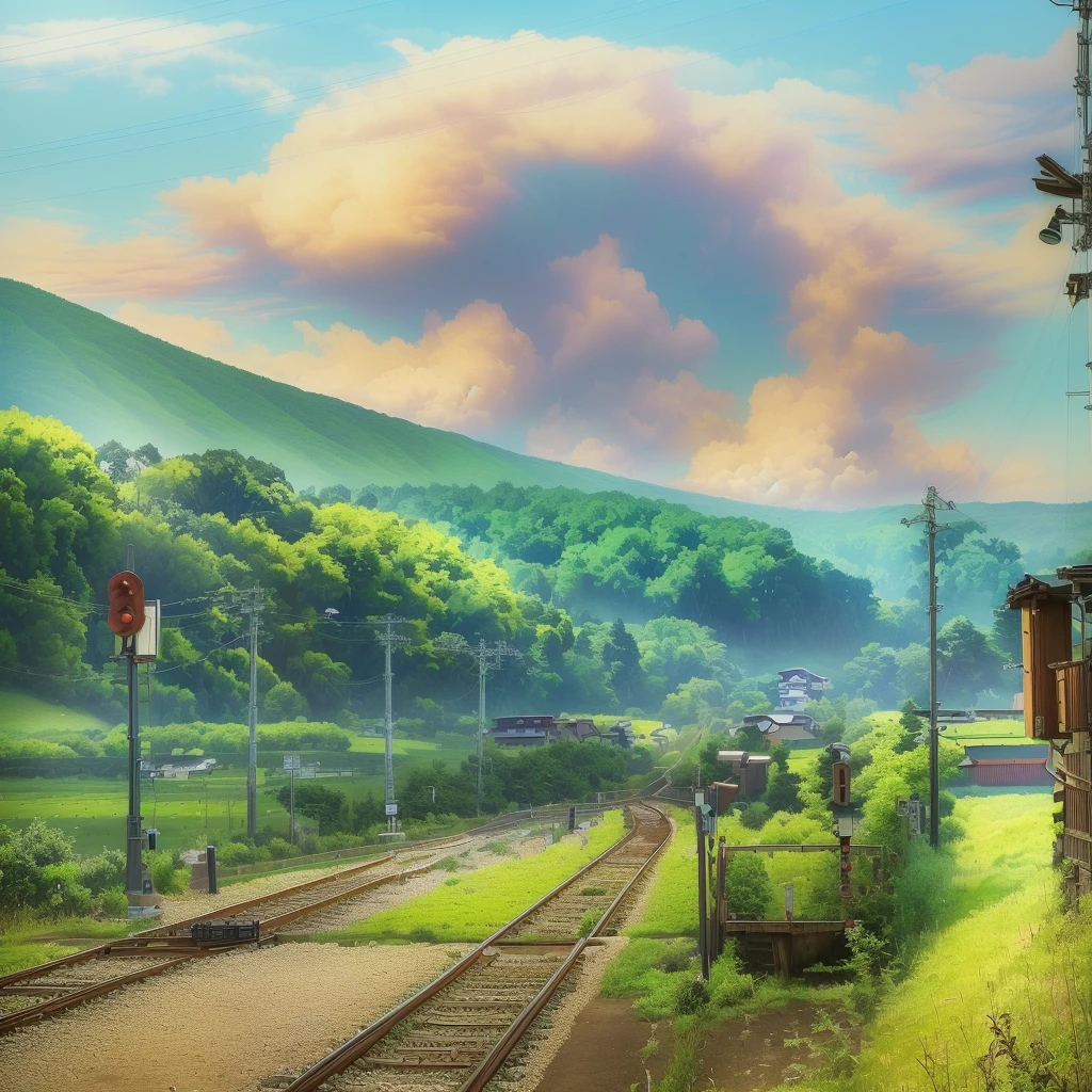 countrysideの線路を下っている列車があります, countryside in japan, 日本 countryside 旅行, Summer station, japanese countryside, 日本のcountryside, railway, Detailed Landscape — Width 672, sakimichan hdri, 日本のcountryside町, trains in the background, anime countryside landscape, In the distance, Beasts, countryside