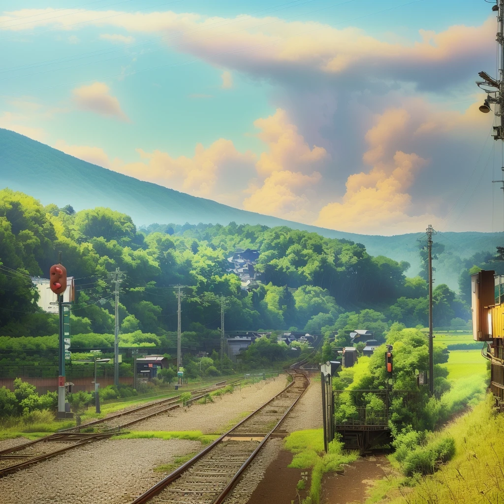 countrysideの線路を下っている列車があります, countryside in japan, 日本 countryside 旅行, Summer station, japanese countryside, 日本のcountryside, railway, Detailed Landscape — Width 672, sakimichan hdri, 日本のcountryside町, trains in the background, anime countryside landscape, In the distance, Beasts, countryside