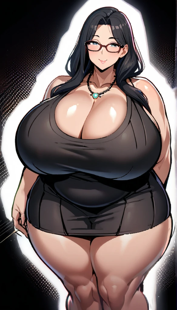1girl,solo,Mature Woman,Black Hair,long hair,Glasses,mother,gentle,kind face,Super huge breasts,Flabby thighs,Black knit dress with vertical lines accentuating the lines of the body,necklace,standing up,Looking at this,Inclusive,White background,