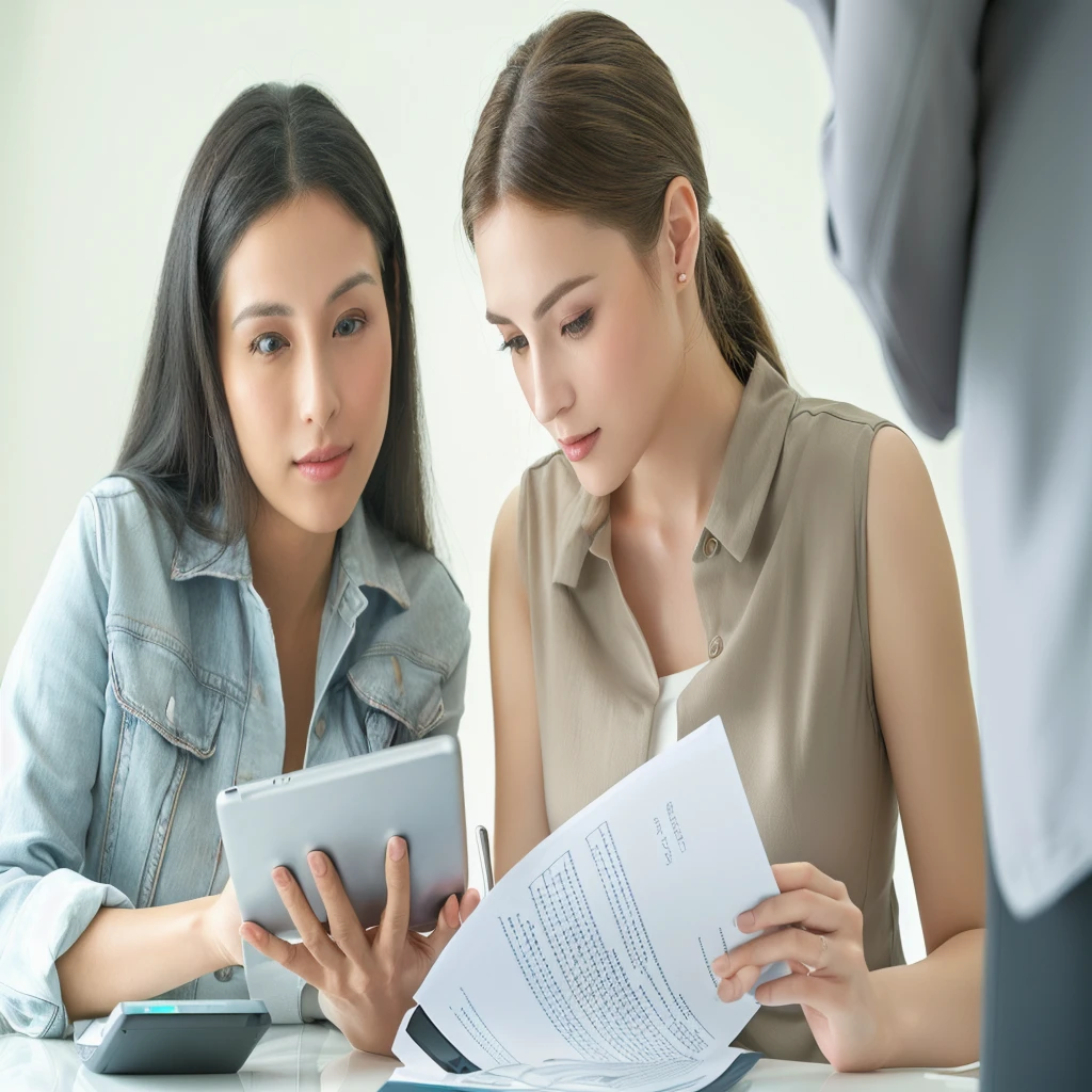 two women looking at a tablet computer while sitting at a table, portrait shot, exclusive, shutterstock, professional, advanced technology, closeup photograph, well edited, high quality picture, by Maksimilijan Vanka, beginner, two women, high - resolution, high-resolution, realistic depiction, marketing photo, by Kurt Roesch, on a dark background, 4k, high quallity