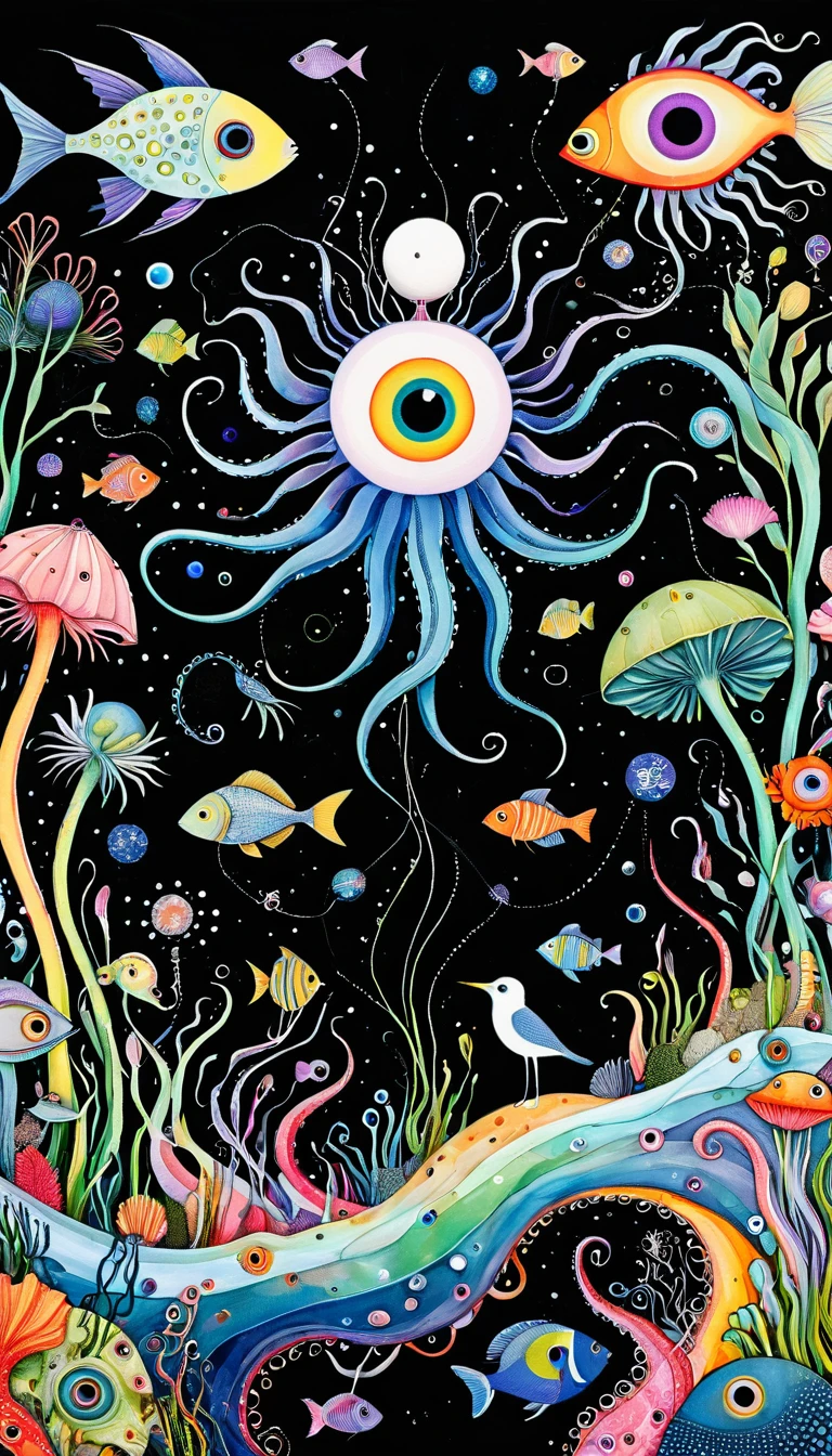 palm,fish,Tentacles,bird、Eye、diatom,Stitching together an abstract painting,Describing the inner world of autistic people,Sense of space,White Space,interesting,Innocence,Psychedelic Art,black background