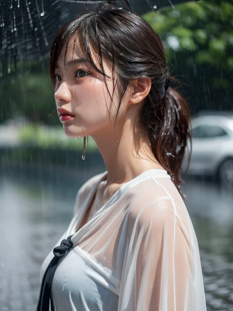 Tabletop,(One Japanese person looking to the side:1.3),masterpiece,(Wet and Sticky Blouse 1.3),(Stock Emphasis:1.3)、Glamour、Natural light、 Attention to detail, Depth of written boundary, 135mm, Textured skin, Super detailed, high quality, Awards, 最high quality, High resolution, 8K, White skin,30 years old、(Sweaty body:1.5),(Damp hair:1.2),(Drops of sweat:1.2),(Rainy Street:1.2),(heavy rain:1.3),