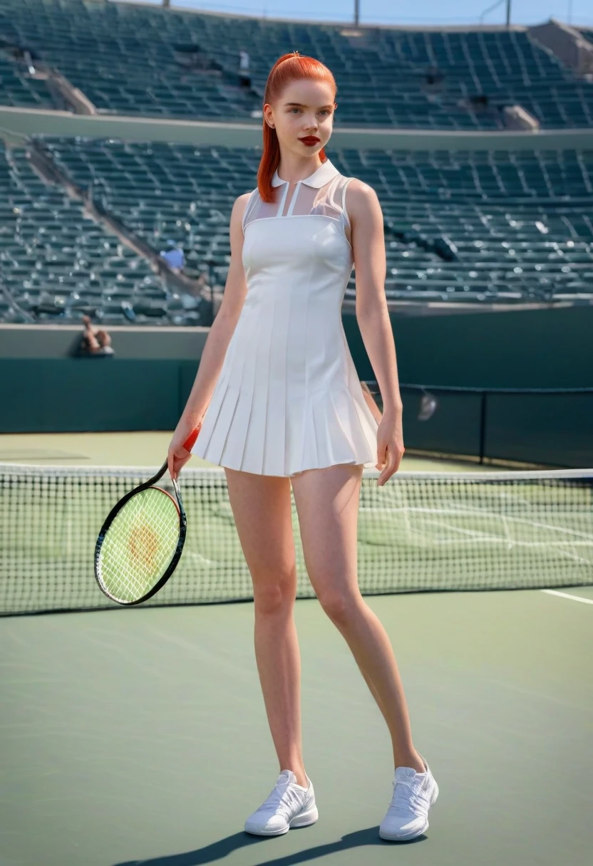 1girl, full body, 9:16 aspect ratio, McKenna Grace, white pleated silk tennis minidress by Addidas, sheer shiny shimmering silky tan pantyhose by L'eggs, 5 inch white high heeled stilettoes by Louis Vuitton, holding tennis racket, posing on tennis court at Authur Ashe Stadium, New York City in background, red lipstick, dangling earrings, fiery red hair in ponytail, stylish visor, (best quality,4k,8k,highres,masterpiece:1.2),ultra-detailed,(realistic,photorealistic,photo-realistic:1.37),hyper detailed, photorealistic, stunning, professional, masterpiece