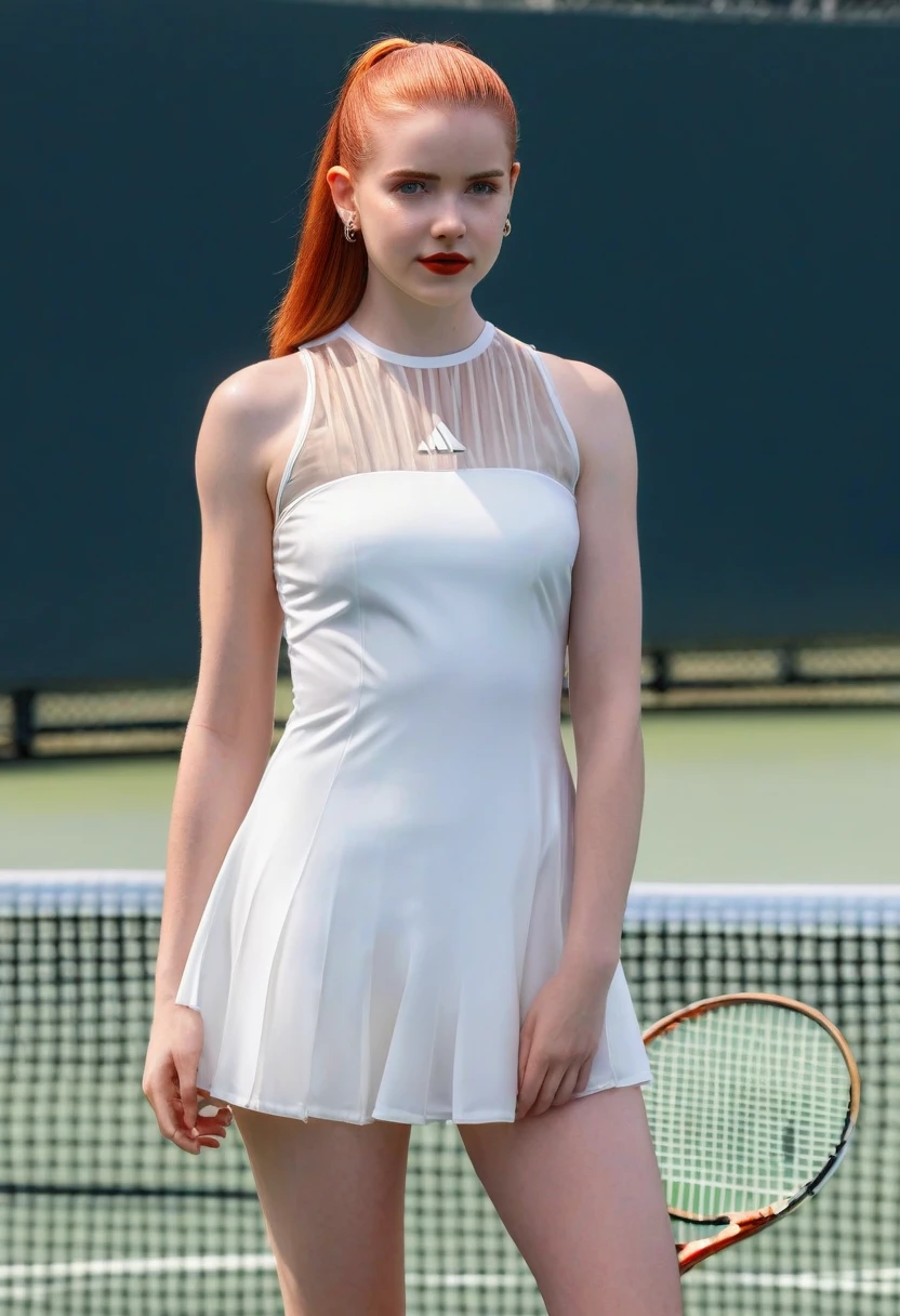 1girl, full body, 9:16 aspect ratio, McKenna Grace, white pleated silk tennis minidress by Addidas, sheer shiny shimmering silky tan pantyhose by L'eggs, 5 inch white high heeled stilettoes by Louis Vuitton, holding tennis racket, posing on tennis court at Authur Ashe Stadium, New York City in background, red lipstick, dangling earrings, fiery red hair in ponytail, stylish visor, (best quality,4k,8k,highres,masterpiece:1.2),ultra-detailed,(realistic,photorealistic,photo-realistic:1.37),hyper detailed, photorealistic, stunning, professional, masterpiece