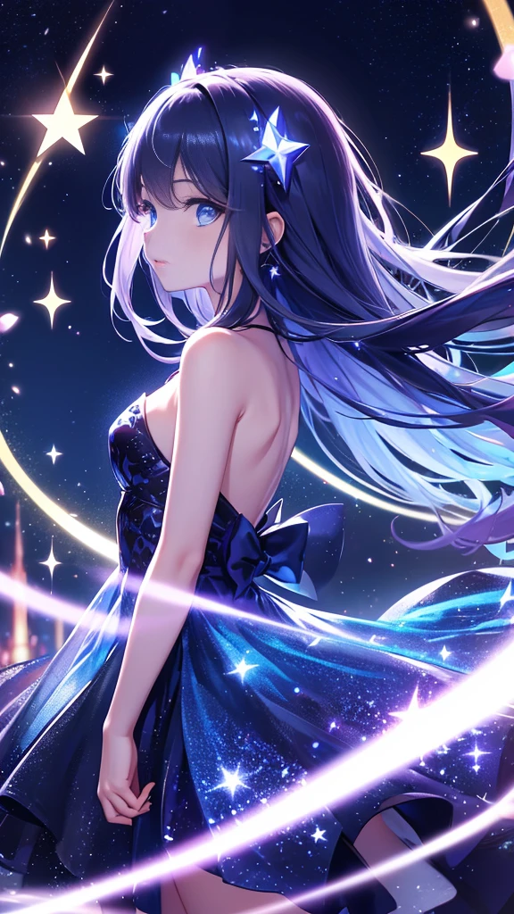 starの妖精、cute、Fairy Wings、Highest quality、Masterpiece、Official Art、The best dynamic composition、star、universe、流star群、xcdd, One girl, alone, dress, water遊び, star \(symbol\), Long Hair, Skirt Hold, water, white dress, Bare shoulders, null, night, Shine, blue eyes, Are standing, profile, Bare arms, Shine, Strapless, Braiding, star \(null\), Strapless dress, From the side, Outdoor, night null, avert your eyes、kejidengguang、background：Neon geometric patterns、Turn your body towards the viewer