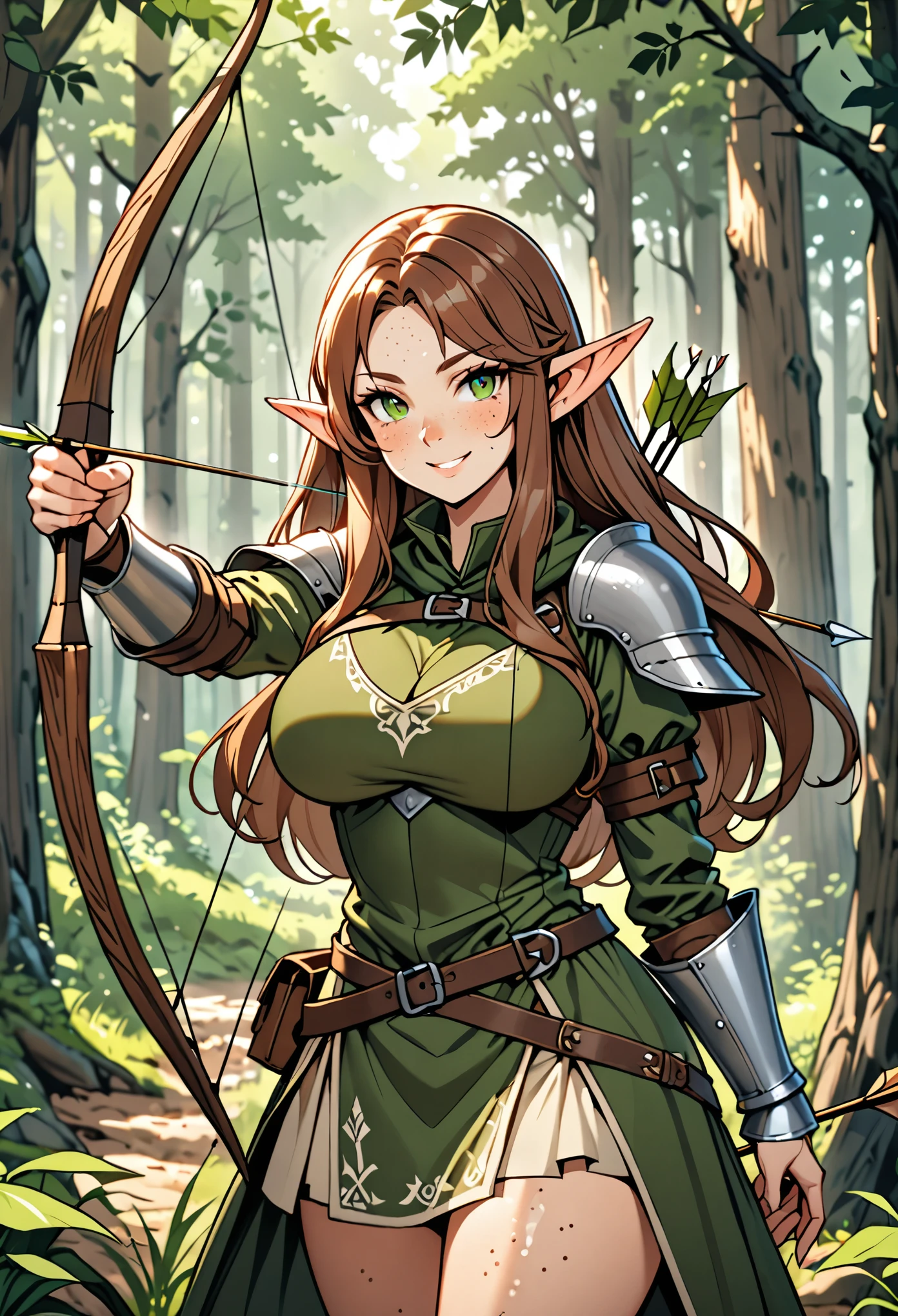 solo, female, elf, huge pointed ears, huge breasts, long hair, brown hair, dark green eyes, forest ranger, forest, freckles, medieval, sweat, playful smile, bow and arrow, ready to shoot, light armor