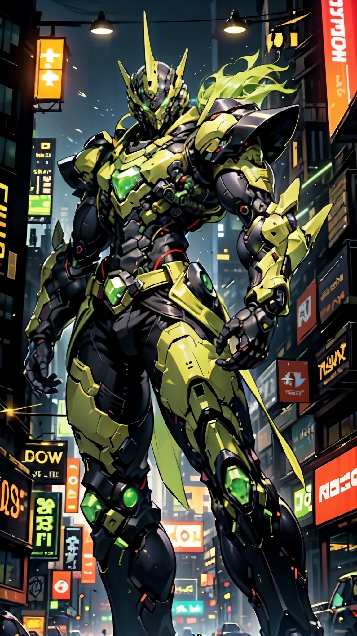 (masterpiece:1.5, best quality:1.5, extremely delicate:1.5, foreshortening:1.5, dynamic angle:1.5), a man wearing a full-face helmet, a fantasy-style biotech armored combat suit, green eyes, (a composite layered chest armor), fully enclosed shoulder guards, matching arm and leg guards, the belt is adorned with neon circuitry, (the color scheme is primarily black glow with green and red accents), the design balances heavy with agility, a high-tech bio-mecha armor, (Armor Concept Inspired by neon Cyberpunk, stand on the top of a skyscraper in a futuristic sci-fi city), this character embodies a finely crafted fantasy-surreal style armored hero in anime style, exquisite and mature manga art style, (element, plasma, energy, the armor glows), ((male:1.5)), metallic, high definition, highres, ultra-detailed, ultra-fine painting, professional, perfect body proportions, golden ratio, anatomically correct, symmetrical face, extremely detailed eyes and face, high quality eyes, creativity, RAW photo, UHD, 32k, Natural light, cinematic lighting, masterpiece-anatomy-perfect