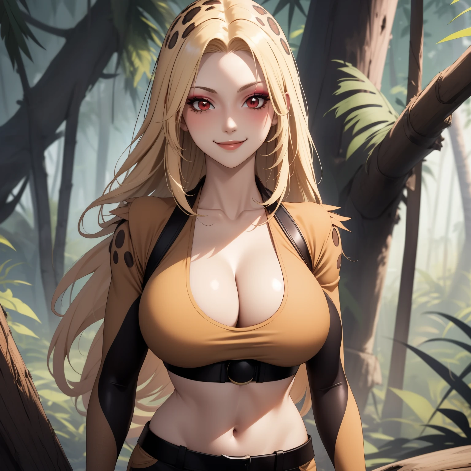 cheetara, 27 year old woman, blonde hair with black spots,  jaguar hair, Red eyes, eyeshadow, by rubio,  big breasts,  brown tops with leopard design, neckline,  shorts, background a jungle, SMILE.