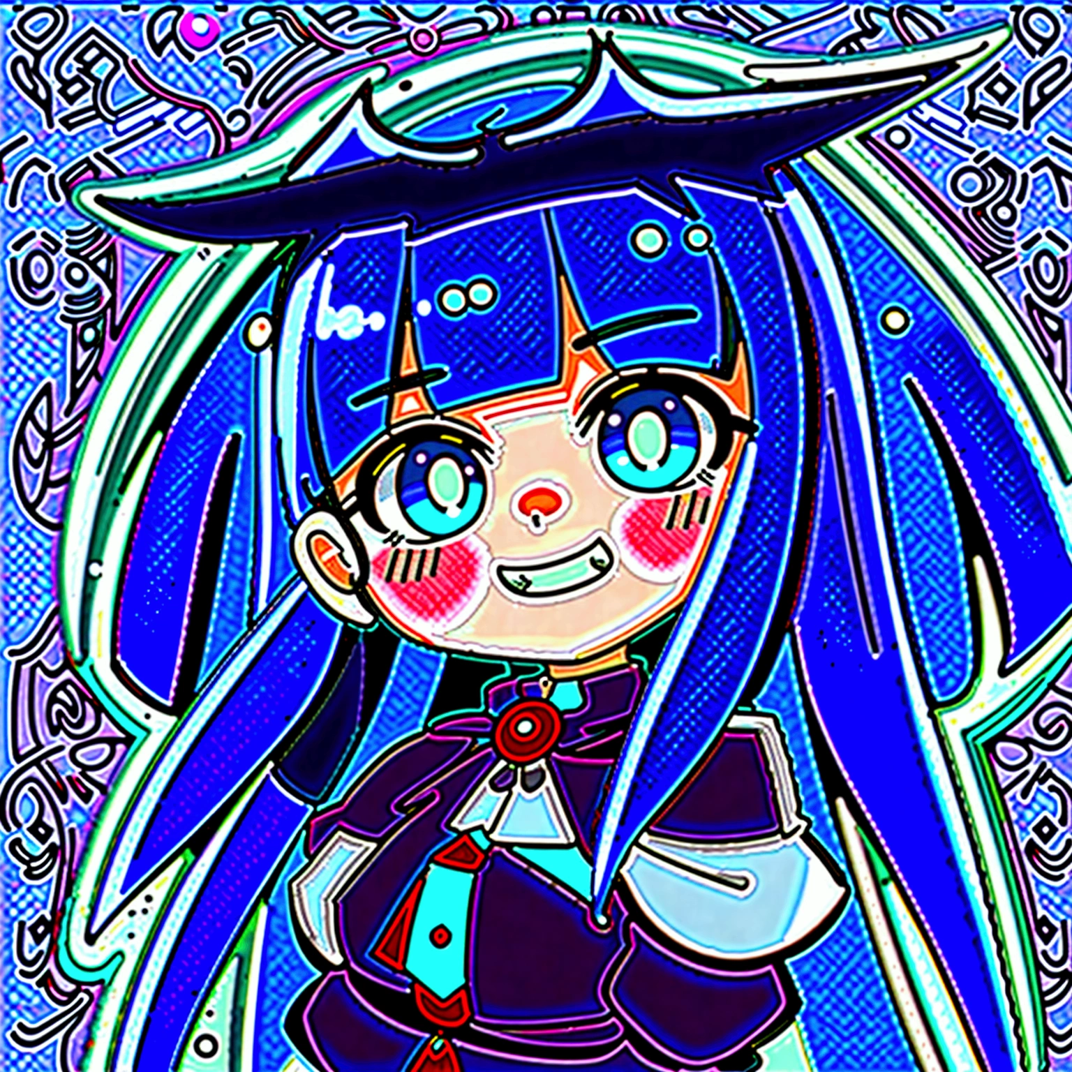 Close-up of a cartoon character with blue hair and blue outfit, anime moe artstyle, 2D anime style, [[[[grinning evilly]]]], , cel - shaded art style, I&#39;ll do fanart too, nasty grin, hero 2d fanart art, chibi, vampire