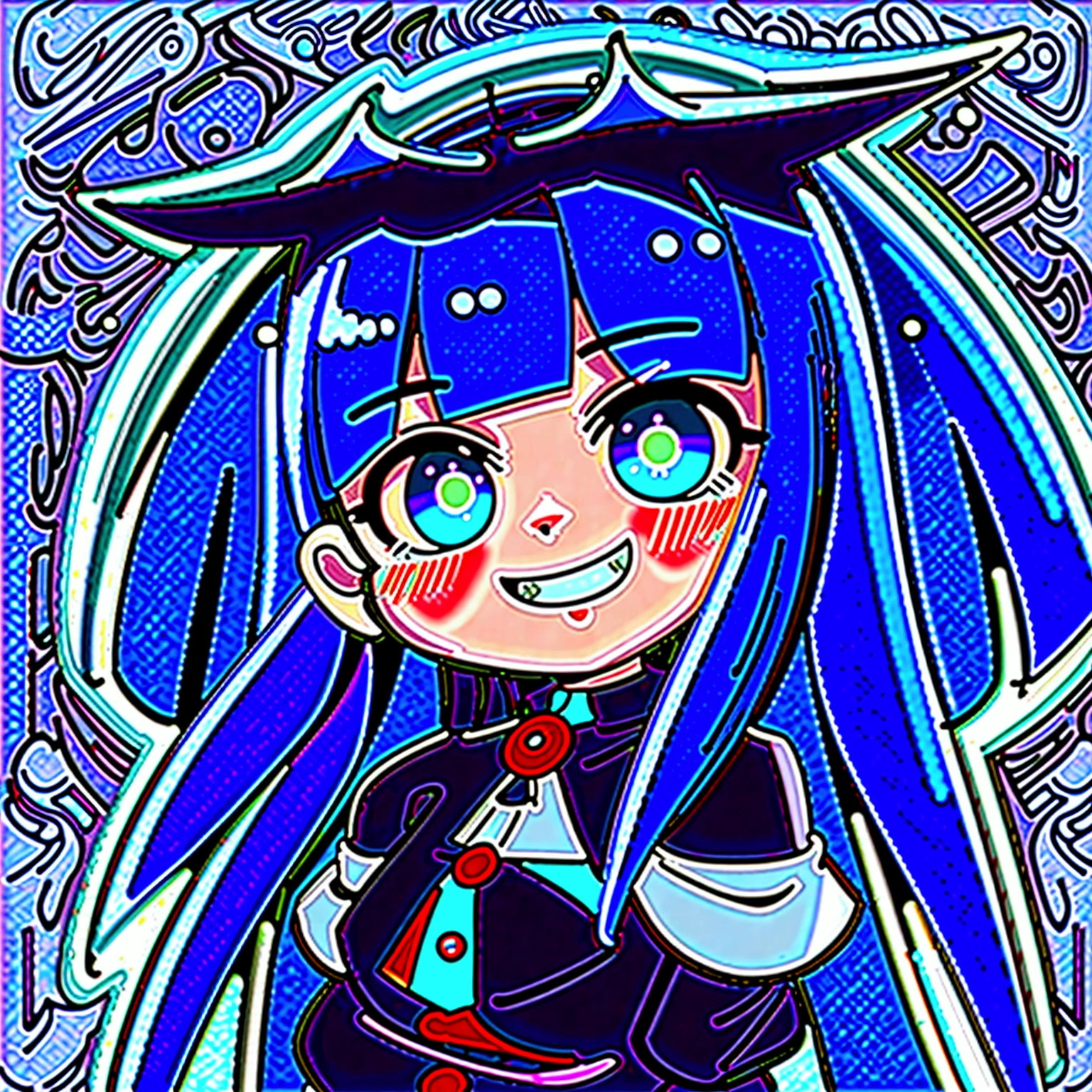 Close-up of a cartoon character with blue hair and blue outfit, anime moe artstyle, 2D anime style, [[[[grinning evilly]]]], , cel - shaded art style, I&#39;ll do fanart too, nasty grin, hero 2d fanart art, chibi, vampire