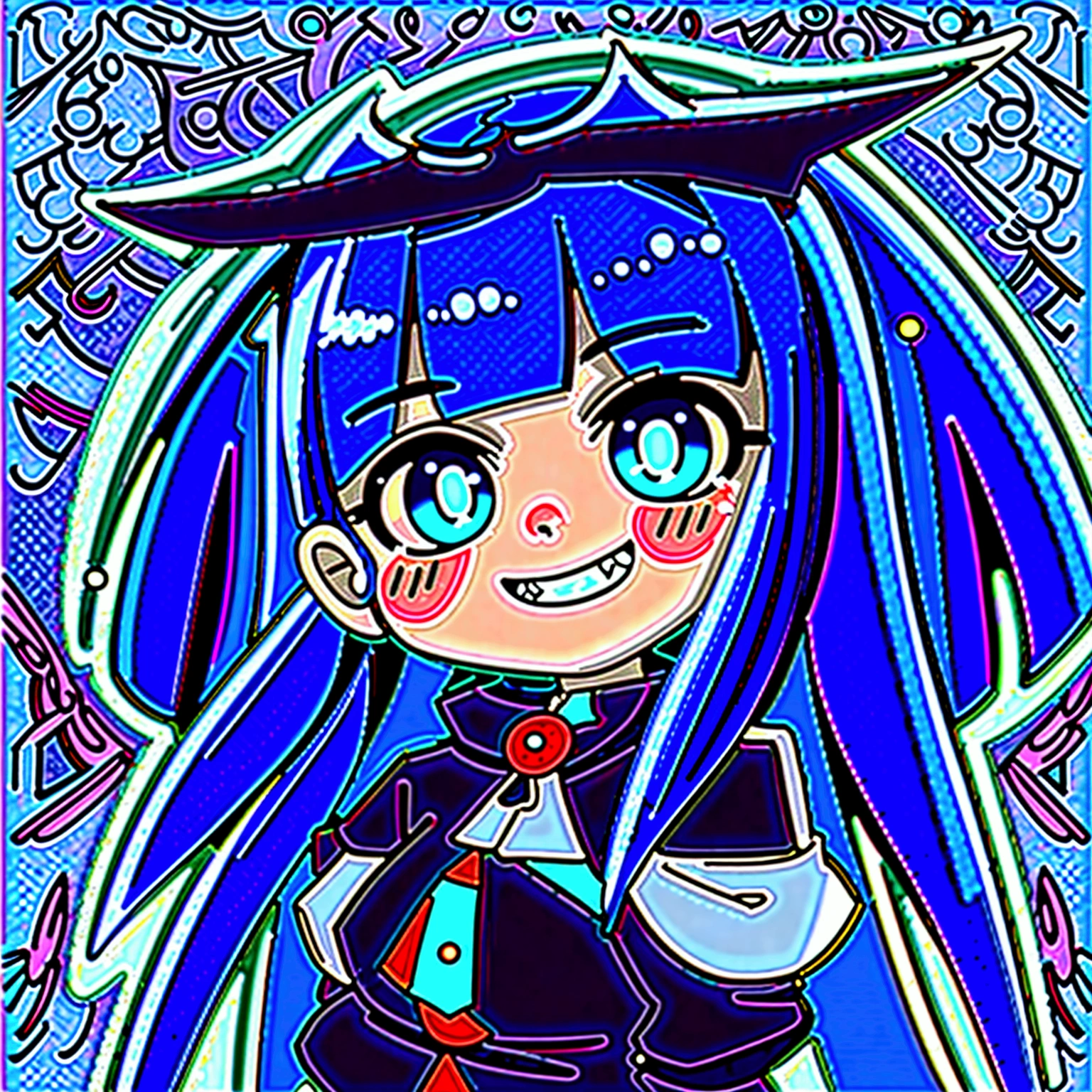 Close-up of a cartoon character with blue hair and blue outfit, anime moe artstyle, 2D anime style, [[[[grinning evilly]]]], , cel - shaded art style, I&#39;ll do fanart too, nasty grin, hero 2d fanart art, chibi, vampire