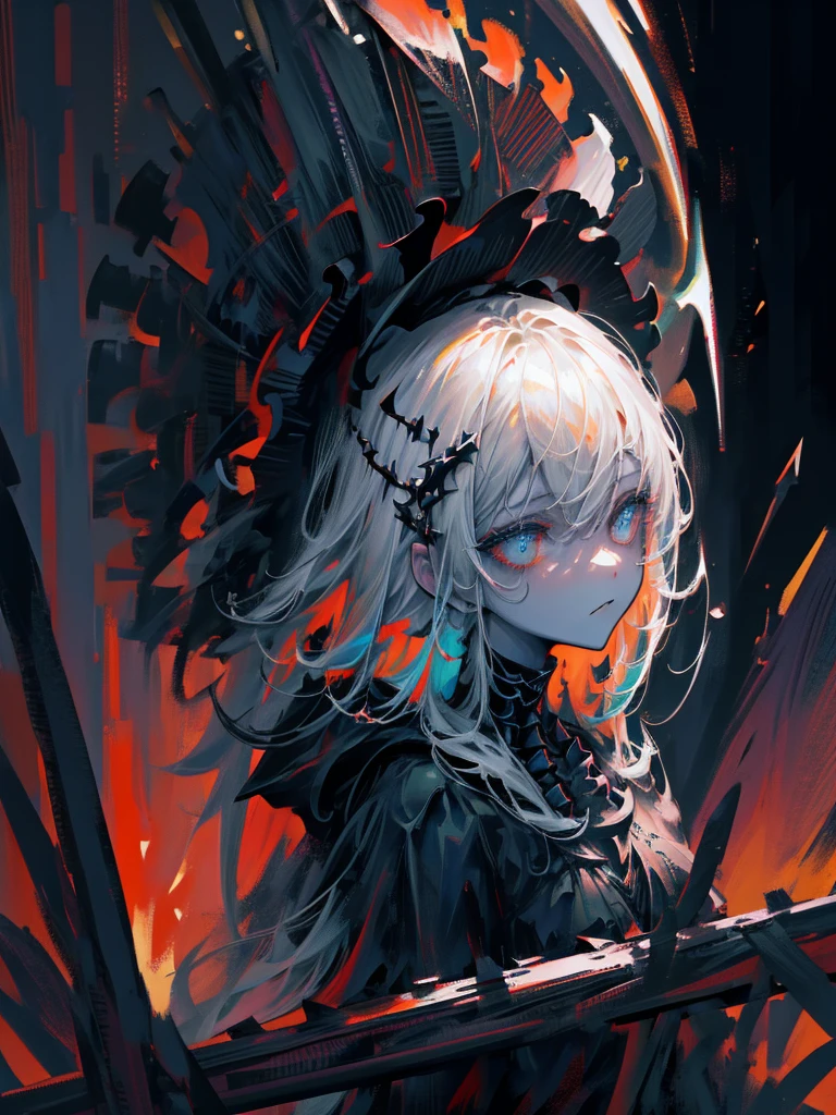 (a girl with) Aura-like gothic lighting, realistic Gothic-style artwork, detailed skeleton impaling itself with a sword in the neck, dark atmospheric background, high-res masterpiece:1.2, ultra-fine painting, professional, vivid colors