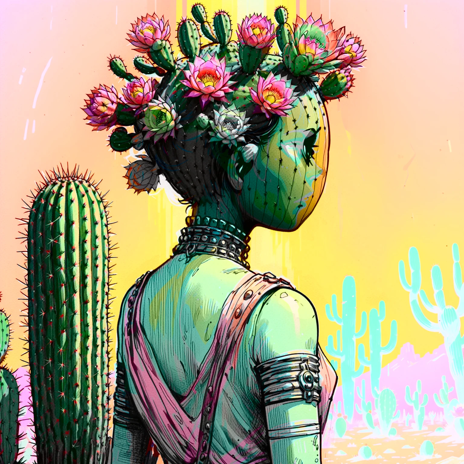 illustrate cactus princess, film screengrab, minimal, serene, perfect, strange, candid, cinematic, surreal, anthropomorphic cactus princess with crown of ornate cactus flowers (ladyfingers and opuntia, vibrant), , realism, photographed, timeless, lost in space, liminal, blank canvas, abstract, nuanced, clearly cartoon distinct, An over the shoulder sketch in the style of Jamie Hewlett and Joelle Jones, with 90s comic aesthetics, expressive ink work, cinematic compositions, and nuanced details. Desert color scheme, 1990's animated tv show screengrab, uv light rays across face, VHS, glitch, distorted, nostalgia, 90's retro vibes, analog tape, vcr aesthetics, tv, television, comic 1990's, animated tv show screengrab, cinematic poster, image within image, multiple exposure, massive scale, rich color grading for shading depth, hand drawn rotoscope cartoon realism, chiaroscuro lighting, mixed media, vintage comic, retro original design, 1990's comic, sense of movement energy, rewilding, (full roygbiv color) ink charcoal expressive illustration,
