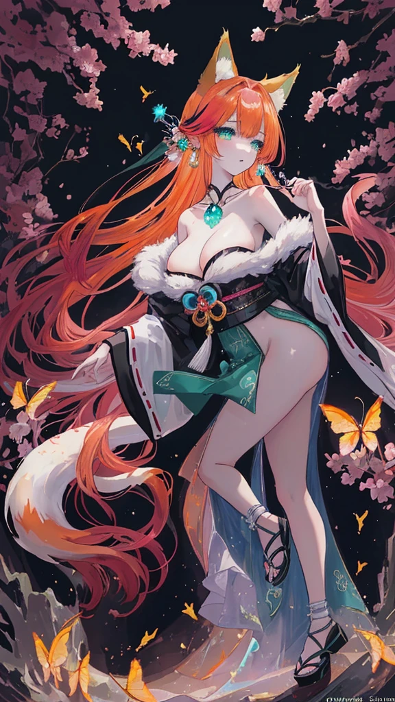 With delicately pointed fox-like ears atop her head and nine voluminous, fluffy tails cascading behind her, the enchanting figure before us embodies a mystical and ethereal beauty. This stunning portrayal, whether in a painting, photograph, or digital art, captures every nuance of her otherworldly allure. The vibrant colors of her fur, a mesmerizing blend of fiery oranges and soft creams, seem to shimmer and dance in the light, highlighting the intricate details of each tail and ear. The image is so exquisitely rendered that one can almost feel the softness of her fur and hear the gentle rustling of her tails as she moves. It is a masterful work of art that immerses viewers in a world of fantasy and wonder. and make her more sexy by giving her very big  and ass give her a  h cup chest. and a small beauty spot on her right breast. anime-style Japanese hair, shiny crimson hair, Her dress has a beautiful shimmering pulsating gold pattern that gives it an extraordinary look, golden butterflies fly next to the heroine, with their ethereal Japanese beauty (23 years old). A single lock of hair accentuates her delicate features, and she is adorned with sparkling gems.Her expressive eyes shine with emotion, and her slender figure is complemented by her fair skin. This stunning character comes to life through digital painting. milky white and sky blue and mint green.black Belle Époque floral dress. her eyes are bright and shiny. her frock reaches her ankle. give her a night time back groung walking among sakura tress with golden butterflies fly next to the Girl. her nine-tails flowing beautifully behind her clearly visible and she is wearing a nice japnese style sandals.colored inner hair, multicolored hair, STOCKING WITH GOLD DESIGNS