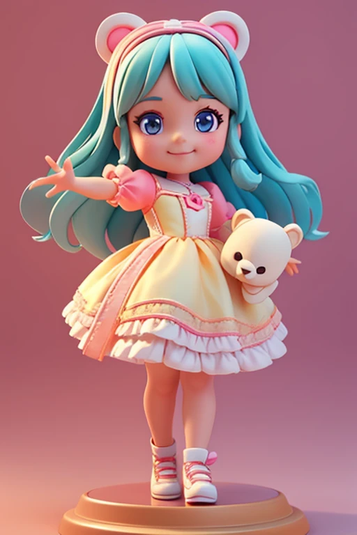 A cartoon little girl，Disney Princess Dress Up，energetic and cute，Holding a bear-shaped doll in his hand，Smile at the camera，3D Rendering，OC Rendering，C4D