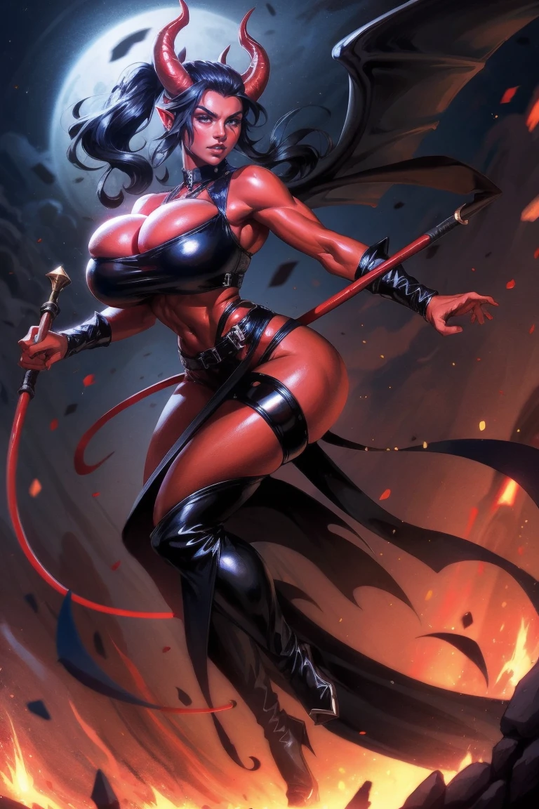 Busty Red skin succubus tiefling, large breasts, black horns, wings, huge tail, black leather, crop top, long flowing pelvic curtain, tall, toned, graceful, thin, long black ponytail. Action scene, whip. Dark scene, explosions, night sky.