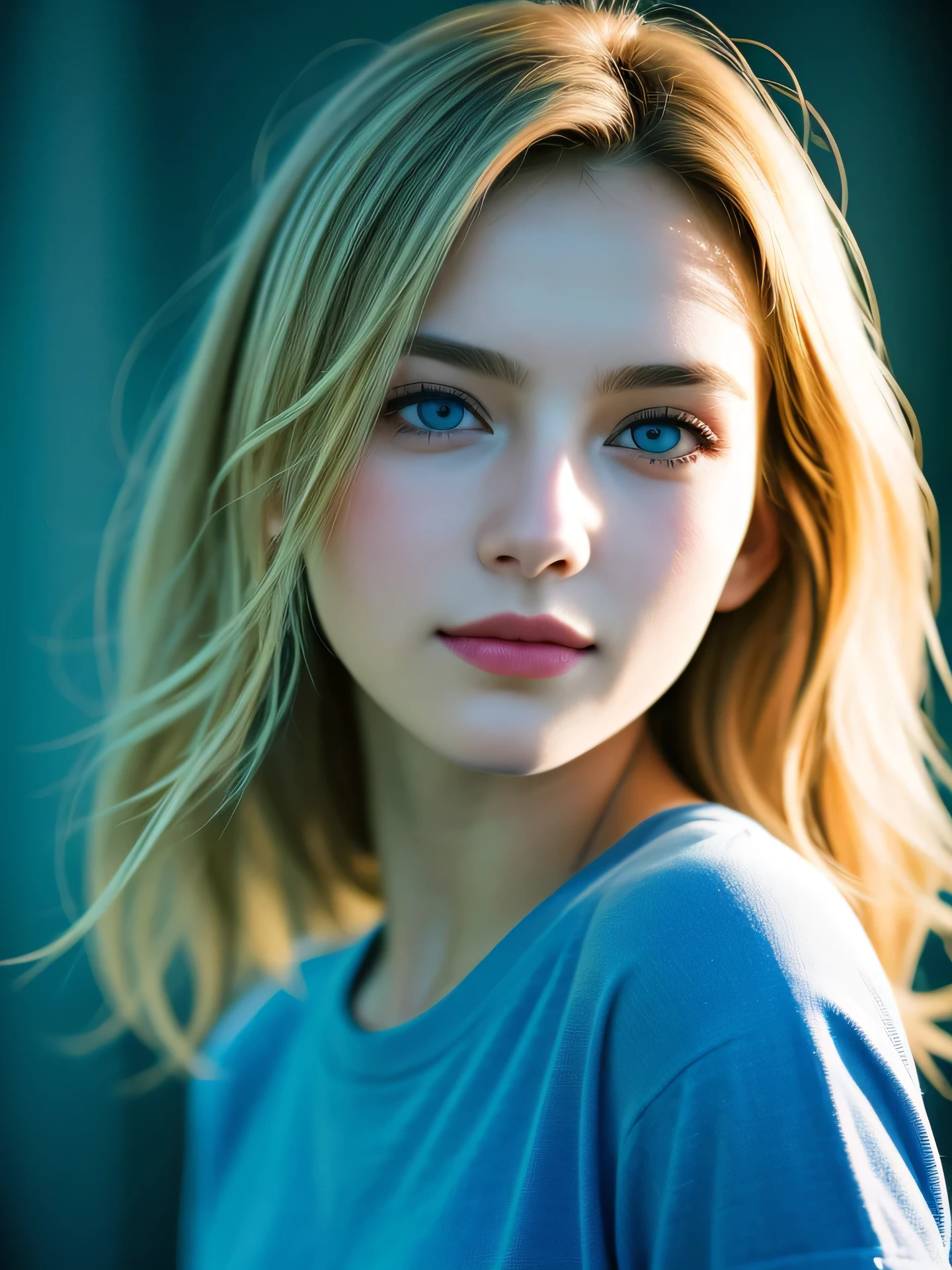 (Photo Real:1.4), (hyper realisitic:1.4), (Smooth lighting:1.05), 1 girl, teenager, blue eyes, happy, shy, smile, (looking away:1.2), Close-up of the face, Soft lighting, Back lighting, (Finest Real Textured Skins), Super fine face, glowy skin, retinas, Anatomically correct, (Blonde Wavy medium hair:1.1), Textured skin, High quality, high details, Best Quality, High resolution, Colorful T- shirts