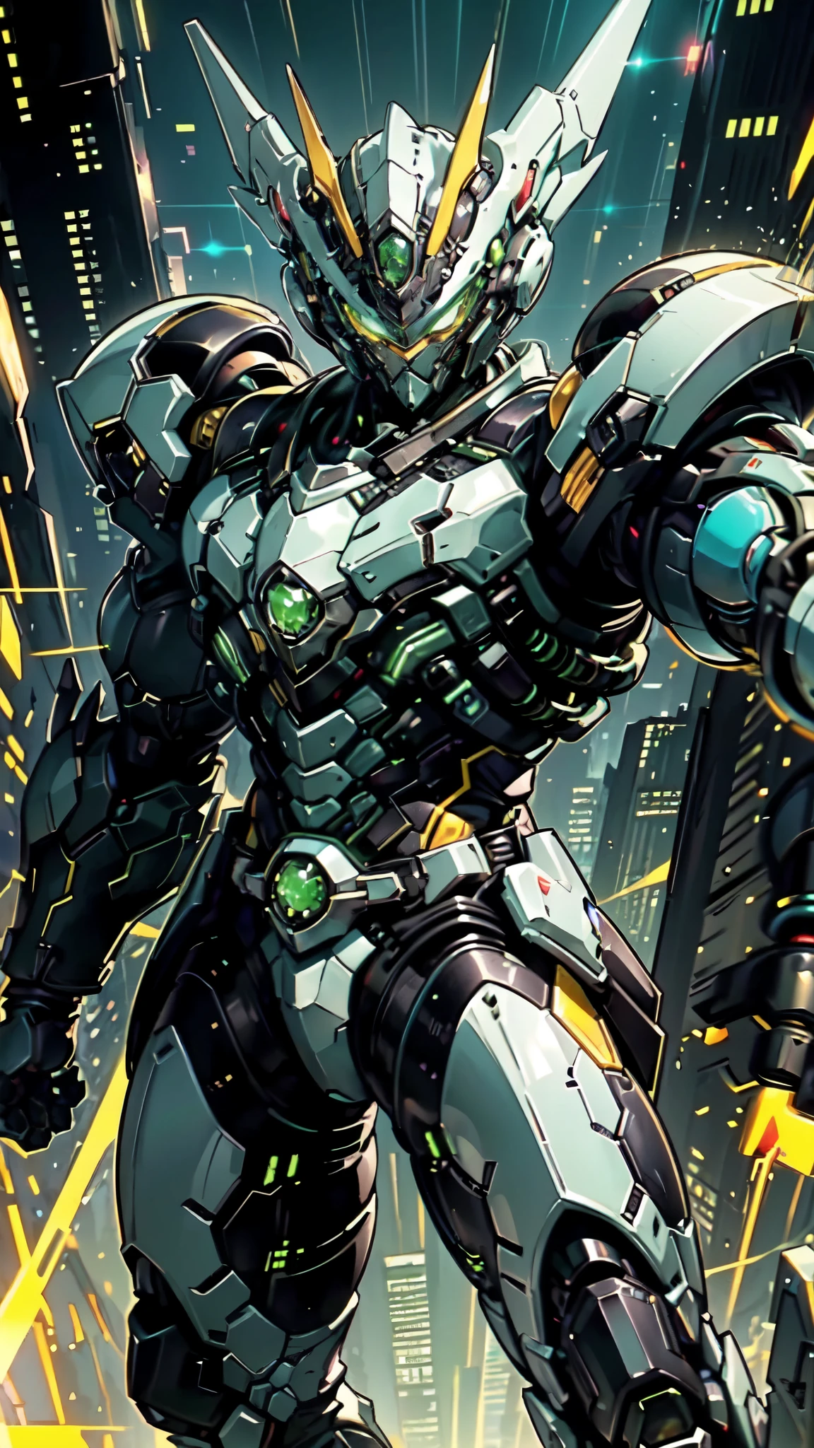 (masterpiece:1.5, best quality:1.5, extremely delicate:1.5, foreshortening:1.5, dynamic angle:1.5), a man wearing a full-face helmet, a fantasy-style biotech armored combat suit, green eyes, (a composite layered chest armor), fully enclosed shoulder guards, matching arm and leg guards, the belt is adorned with neon circuitry, (the color scheme is primarily black glow with green and red accents), the design balances heavy with agility, a high-tech bio-mecha armor, (Armor Concept Inspired by neon Cyberpunk, stand on the top of a skyscraper in a futuristic sci-fi city), this character embodies a finely crafted fantasy-surreal style armored hero in anime style, exquisite and mature manga art style, (element, plasma, energy, the armor glows), ((male:1.5)), metallic, high definition, highres, ultra-detailed, ultra-fine painting, professional, perfect body proportions, golden ratio, anatomically correct, symmetrical face, extremely detailed eyes and face, high quality eyes, creativity, RAW photo, UHD, 32k, Natural light, cinematic lighting, masterpiece-anatomy-perfect