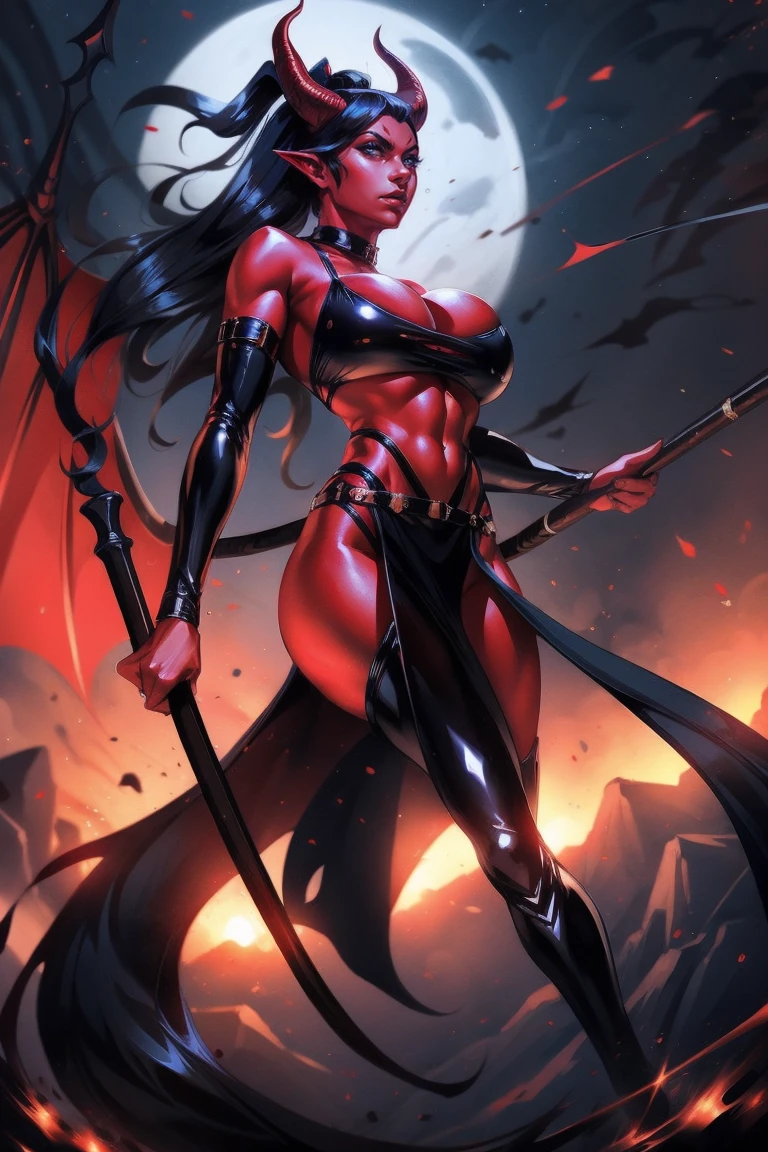 Red skin succubus tiefling, medium breasts, black horns, wings, huge tail, black leather, crop top, long flowing pelvic curtain, tall, toned, graceful, thin, long black ponytail. Action scene, whip. Dark scene, explosions, night sky.