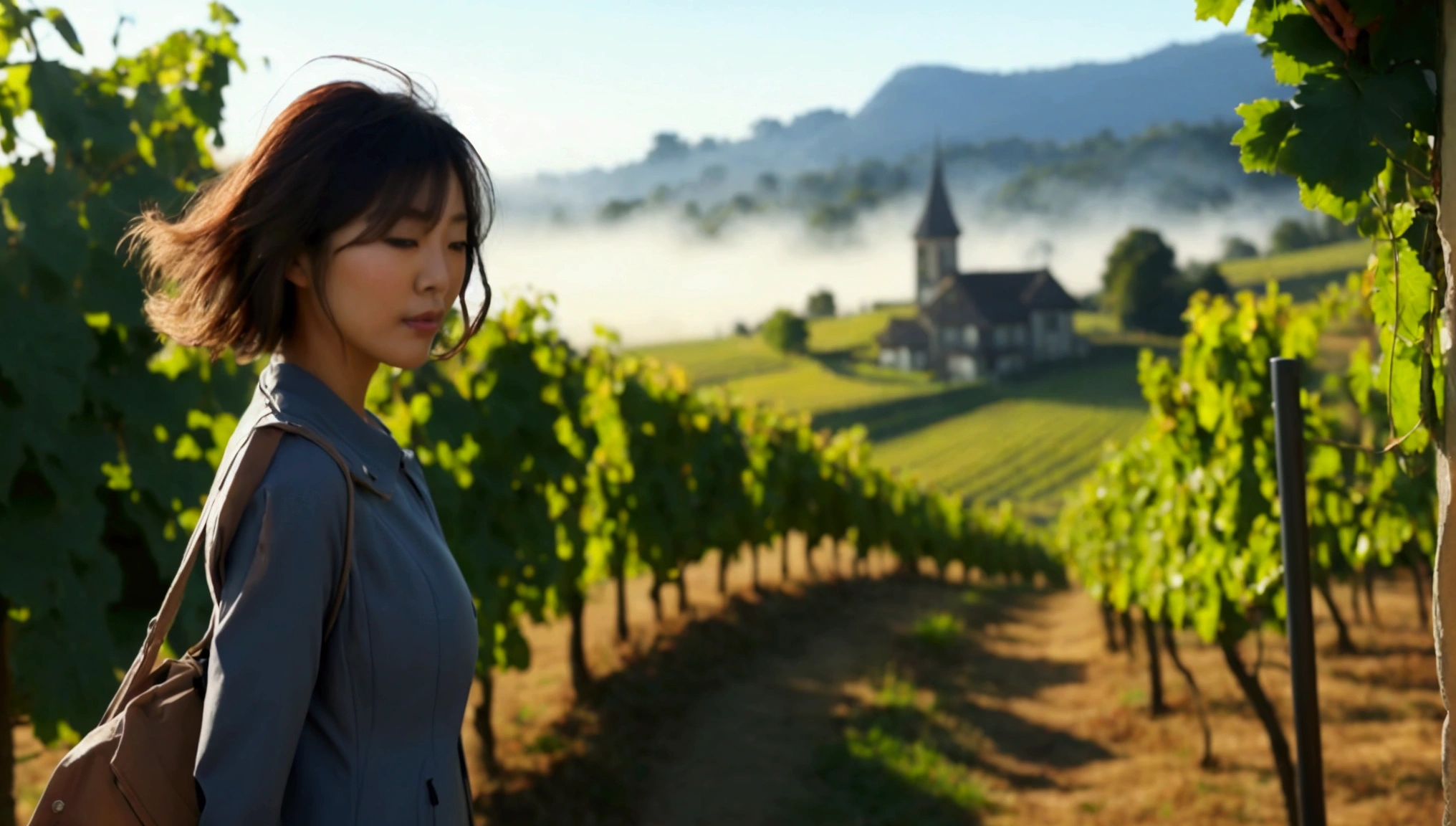 Woman in a beautiful landscape 8K highest quality, Beautiful 36-year-old Korean woman, Chest size 34 inches, Passing through the vineyards in the Swiss countryside, the cathedral is visible through the early morning fog., The back background is realistic and vivid image quality, short medium hair, Casual and British - (summer jacket) ,Perfect and realistic photos, The background is realistic. Full body shot with Canon camera 16-35 wide angle lens, expressionless, Walking up a vineyard hill covered in thick fog., Walking towards the front camera