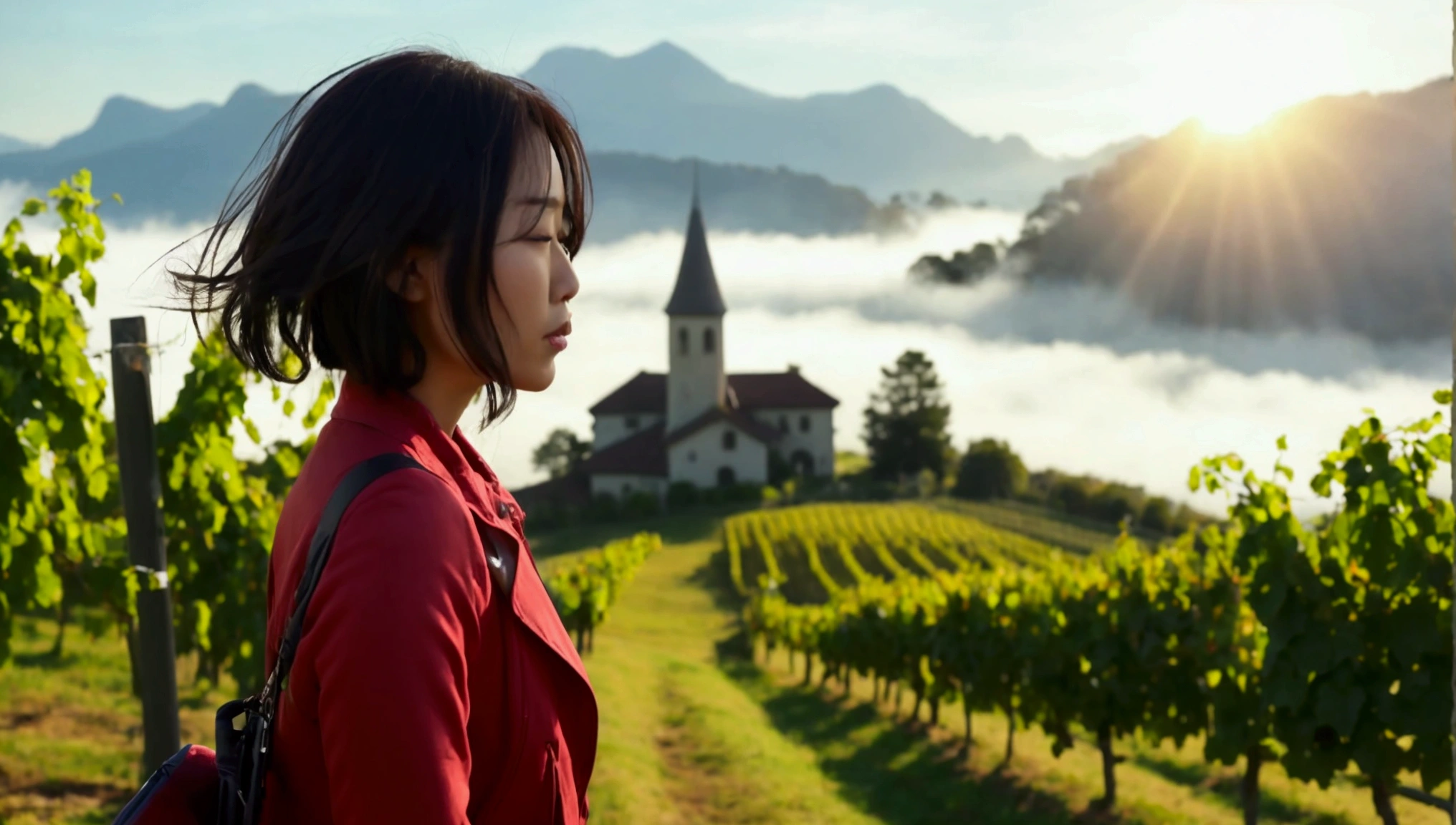 Woman in a beautiful landscape 8K highest quality, Beautiful 36-year-old Korean woman, Chest size 34 inches, Passing through the vineyards in the Swiss countryside, the cathedral is visible through the early morning fog., The back background is realistic and vivid image quality, short medium hair, Casual and British - (summer jacket) ,Perfect and realistic photos, The background is realistic. Full body shot with Canon camera 16-35 wide angle lens, expressionless, Walking up a vineyard hill covered in thick fog., Walking towards the front camera