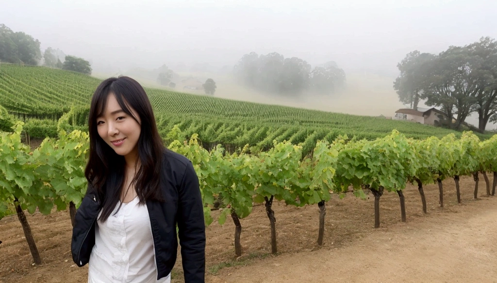 Woman in a beautiful landscape 8K highest quality, Beautiful 36-year-old Korean woman, Chest size 34 inches, Passing through the vineyards in the Swiss countryside, the cathedral is visible through the early morning fog., The back background is realistic and vivid image quality, short medium hair, Casual and British - (summer jacket) ,Perfect and realistic photos, The background is realistic. Full body shot with Canon camera 16-35 wide angle lens, expressionless, Walking up a vineyard hill covered in thick fog., Walking towards the front camera