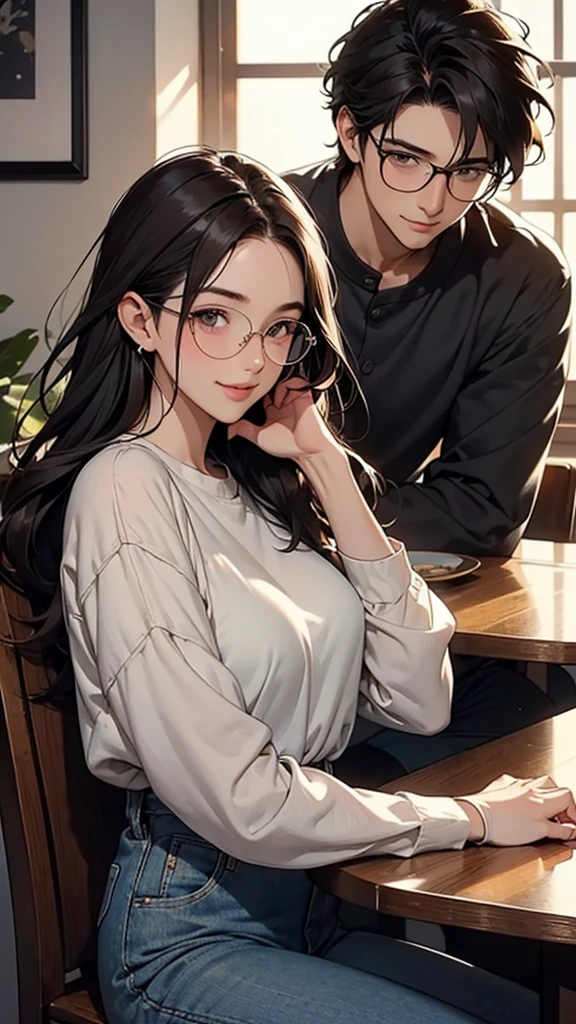 Depict a scene of a kind-looking handsome man in his 20s, blushing. He is wearing black-rimmed glasses, which are slipping down his nose, but he doesn't mind as he covers his face with one hand. His hair is dark brown and has a soft texture. He is dressed in a casual shirt and jeans. The background is a simple indoor setting with soft natural light coming in. His expression is slightly flushed, with a shy smile visible. The overall atmosphere conveys a gentle and approachable vibe.
He is on a first date with a beautiful woman. She has long, flowing hair and is dressed elegantly in a stylish dress. They are sitting at a cozy café table with a warm, inviting atmosphere. The woman is smiling warmly at him, her eyes sparkling with interest. Their surroundings are filled with soft, ambient lighting, creating a romantic and intimate setting. Both are slightly nervous but clearly enjoying each other's company, hinting at the excitement of a new relationship.