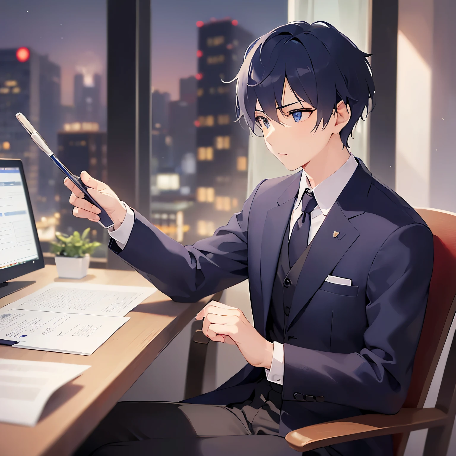 (looking away:1.5),upper body、
shiny skin, masterpiece、Highest quality、(25-year-old male:1.5) and (Black short hair) and (blue eyes)
 (Wearing a suit:1.5) and (Blue tie)、
, Sitting、serious、The background is an office interior at night、Organizing papers、(Alone:1.5)