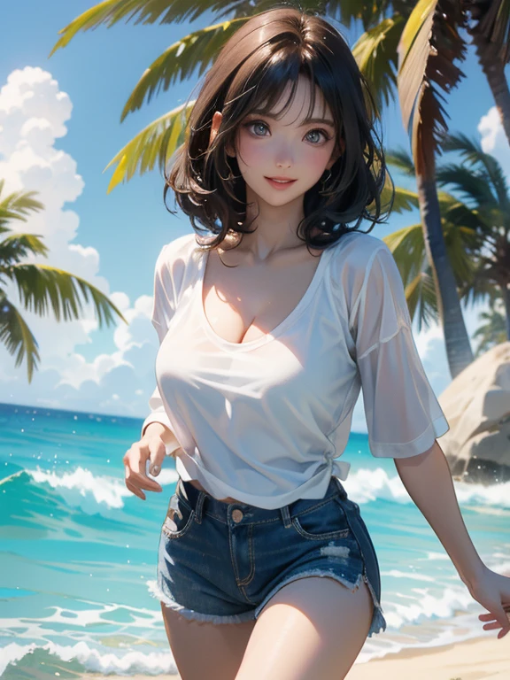 (Highest quality、masterpiece、High resolution、8K)、Vibrant colors、Young and beautiful woman 1、whole body、Brown and black short bob、barefoot、(Detailed face、Beautiful Eyes、Beautiful nose、Pretty lips)、Beautiful cleavage、A woman wearing a white T-shirt and shorts、Running on the beach、Surprised Smile、looking at the camera、Official Art、The background is the sea、blue sky、White waves and wide sandy beach、Wide forest、White Entrance Cloud、