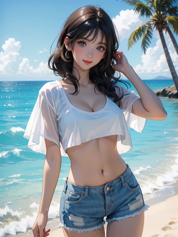(Highest quality、masterpiece、High resolution、8K)、Vibrant colors、Young and beautiful woman 1、whole body、Brown and black short bob、barefoot、(Detailed face、Beautiful Eyes、Beautiful nose、Pretty lips)、Beautiful cleavage、A woman wearing a white T-shirt and shorts、Running on the beach、Surprised Smile、looking at the camera、Official Art、The background is the sea、blue sky、White waves and wide sandy beach、Wide forest、White Entrance Cloud、