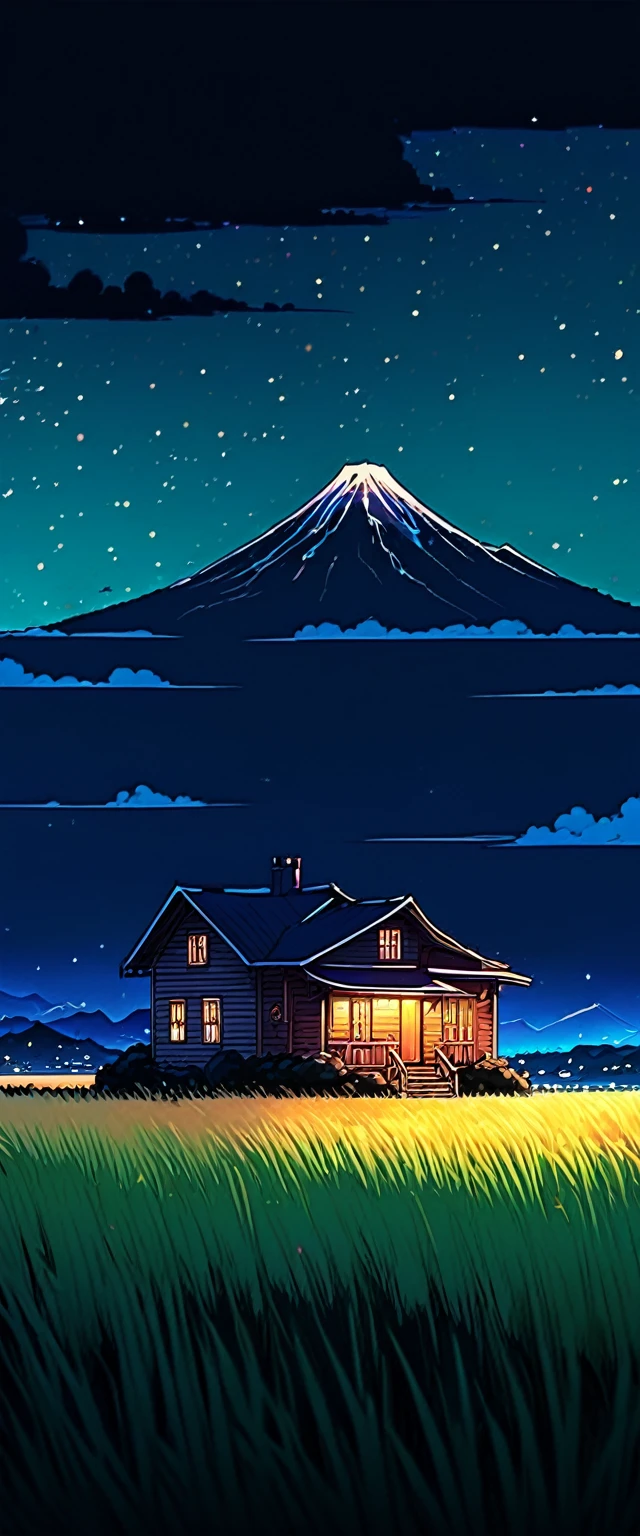 a painting of a house in the middle of a field under a night sky, animated background, animated background art, Beautiful anime scene, makoto shinkai cyril rolando, amazing wallpaper, anime art wallpaper 4k, anime art wallpaper 4k, anime art wallpaper 8K, animated sky, Fondo de pantalla de animated landscape, beautiful animated landscape, animated landscape
