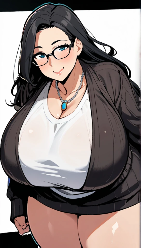 1girl,solo,Mature Woman,Black Hair,long hair,Glasses,mother,gentle,kind face,Super huge breasts,Flabby thighs,Black knit with vertical lines accentuating the lines of the body,necklace,standing up,Looking at this,Inclusive,White background,