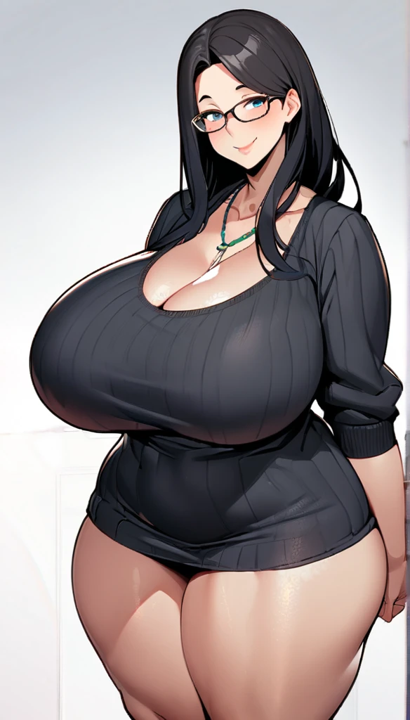 1girl,solo,Mature Woman,Black Hair,long hair,Glasses,mother,gentle,kind face,Super huge breasts,Flabby thighs,Black knit with vertical lines accentuating the lines of the body,necklace,standing up,Looking at this,Inclusive,White background,