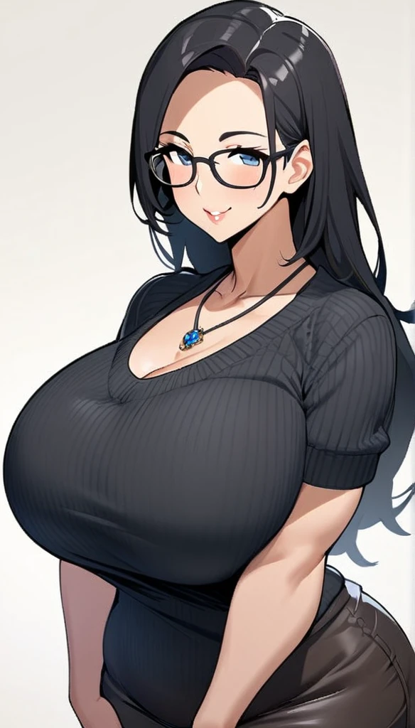 1girl,solo,Mature Woman,Black Hair,long hair,Glasses,mother,gentle,kind face,Super huge breasts,Flabby thighs,Black knit with vertical lines accentuating the lines of the body,necklace,standing up,Looking at this,Inclusive,White background,