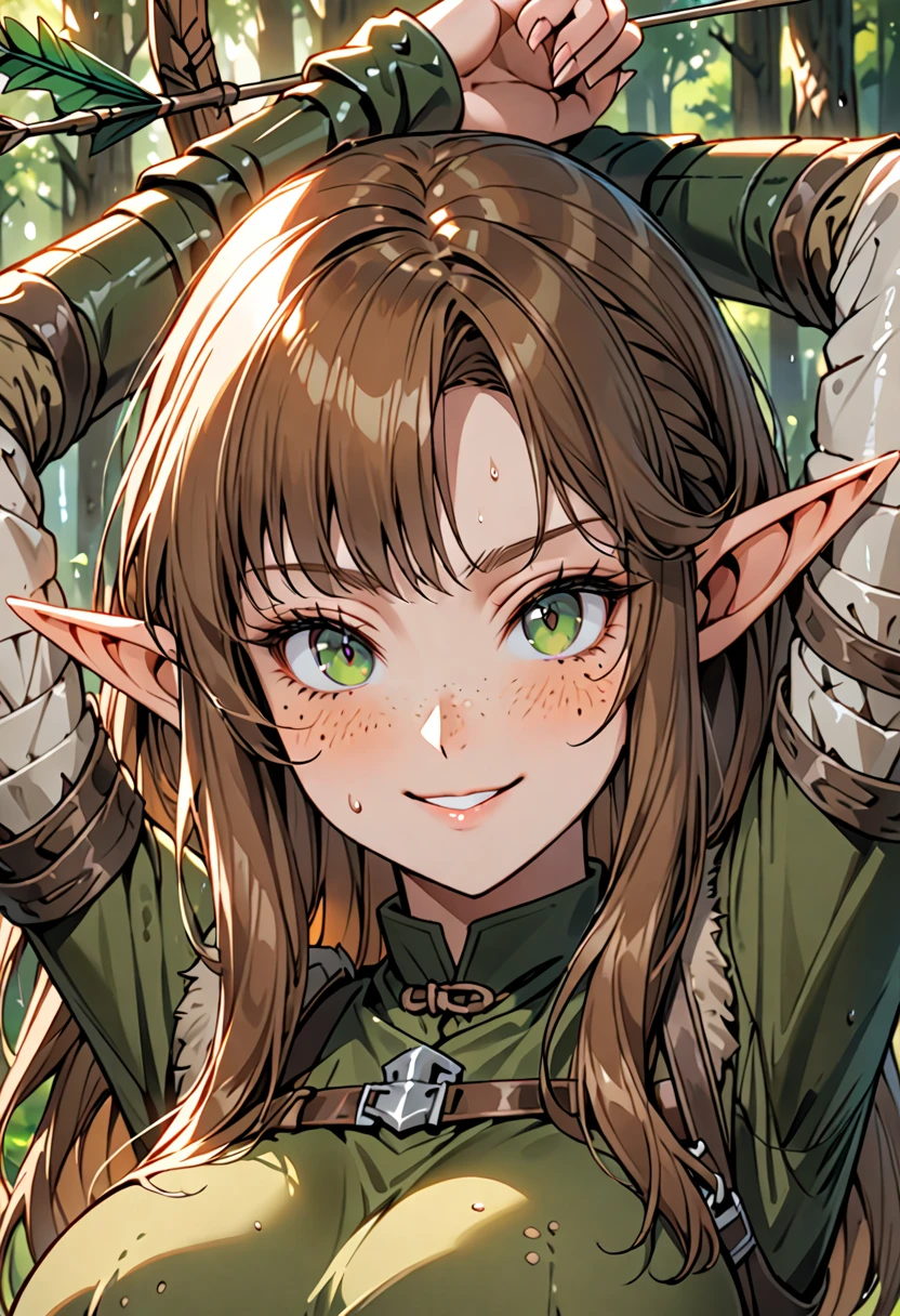 solo, female, elf, huge pointed ears, huge breasts, long hair, brown hair, dark green eyes, forest ranger, forest, freckles, medieval, sweat, playful smile, bow and arrow, light armor, close up, arms above head, blush