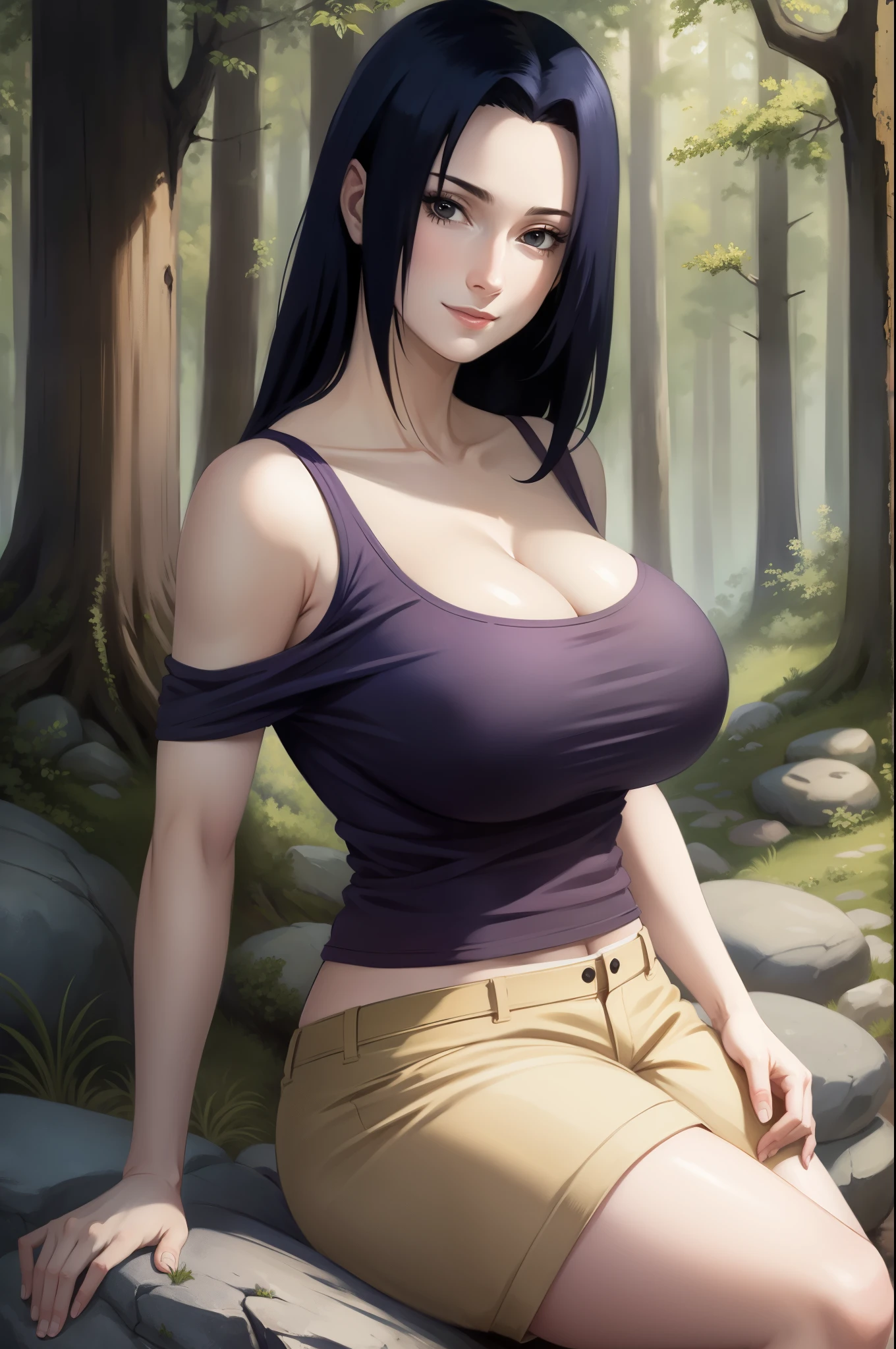 Mikoto Uchiha, oil painting, highly detailed, realistic, portrait, bright colors, soft lighting, (best quality, 4k,8k, height, masterpiece: 1.2), (big round breasts: 1.5), professional, long black hair, eyes black, beautiful detailed eyes and face, very detailed smile, long eyelashes, sitting on a rock, looking towards the viewer, very short top, big butt, bare shoulders, white shorts, outdoors, forest, cowboy shot, collarbone.
