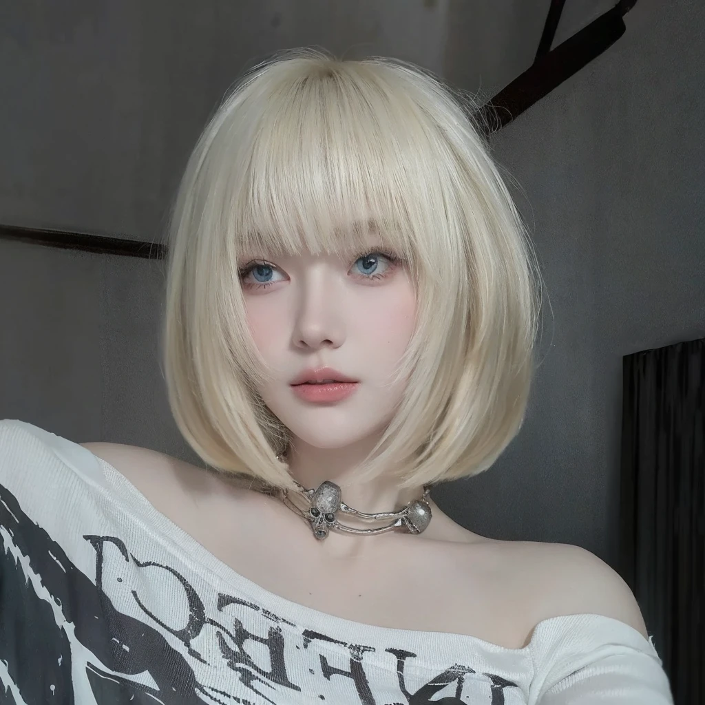 White-blonde beauty with short hair，Natural and beautiful hair，Background mysterious senior