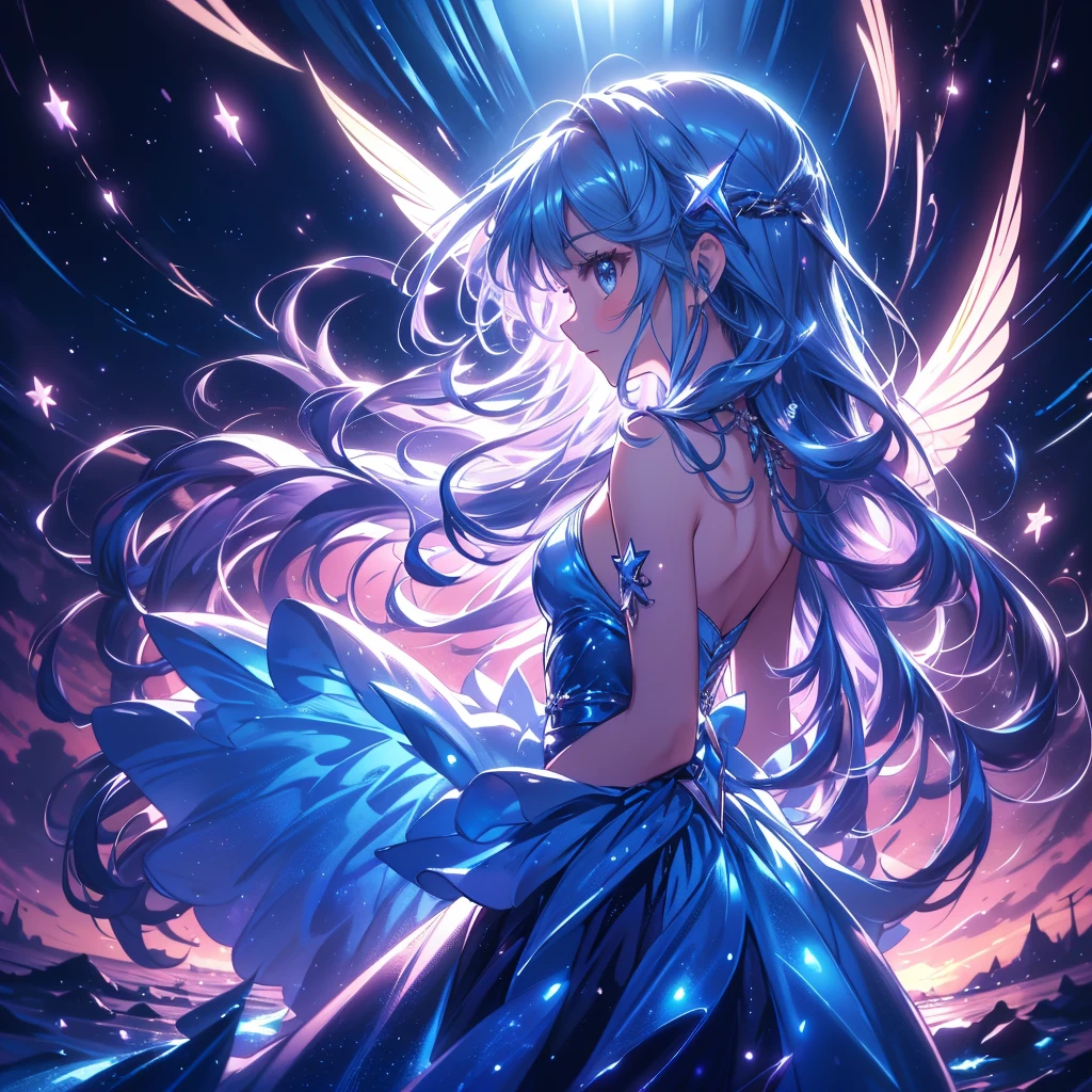 starの妖精、cute、Fairy Wings、Highest quality、Masterpiece、Official Art、The best dynamic composition、star、universe、流star群、xcdd, One girl, alone, dress, water遊び, star \(symbol\), Long Hair, Skirt Hold, water, white dress, Bare shoulders, null, night, Shine, blue eyes, Are standing, profile, Bare arms, Shine, Strapless, Braiding, star \(null\), Strapless dress, From the side, Outdoor, night null, avert your eyes、kejidengguang、background：Neon geometric patterns、Turn your body towards the viewer