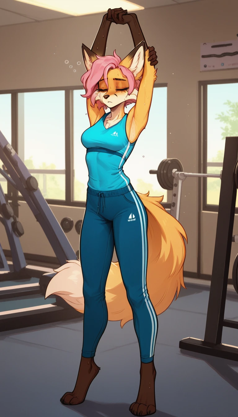 Half-closed eyes, tired expression, 1girl, anthro, furry, fur, fluffy fur, fox girl, thight sport pants, blue pants, gym background, pink hair, yellow eyes, blue sleeveless shirt, sport shirt, short hair, full body, (19 years), medium breast, solo, (gym), one closed eye, sweating, vapor, heat, detailed, (tired), thighs, stretching, standing, arms up (streaching arms), score_9, score_8_up, score_7_up, score_6_up, score_5_up, score_4_up