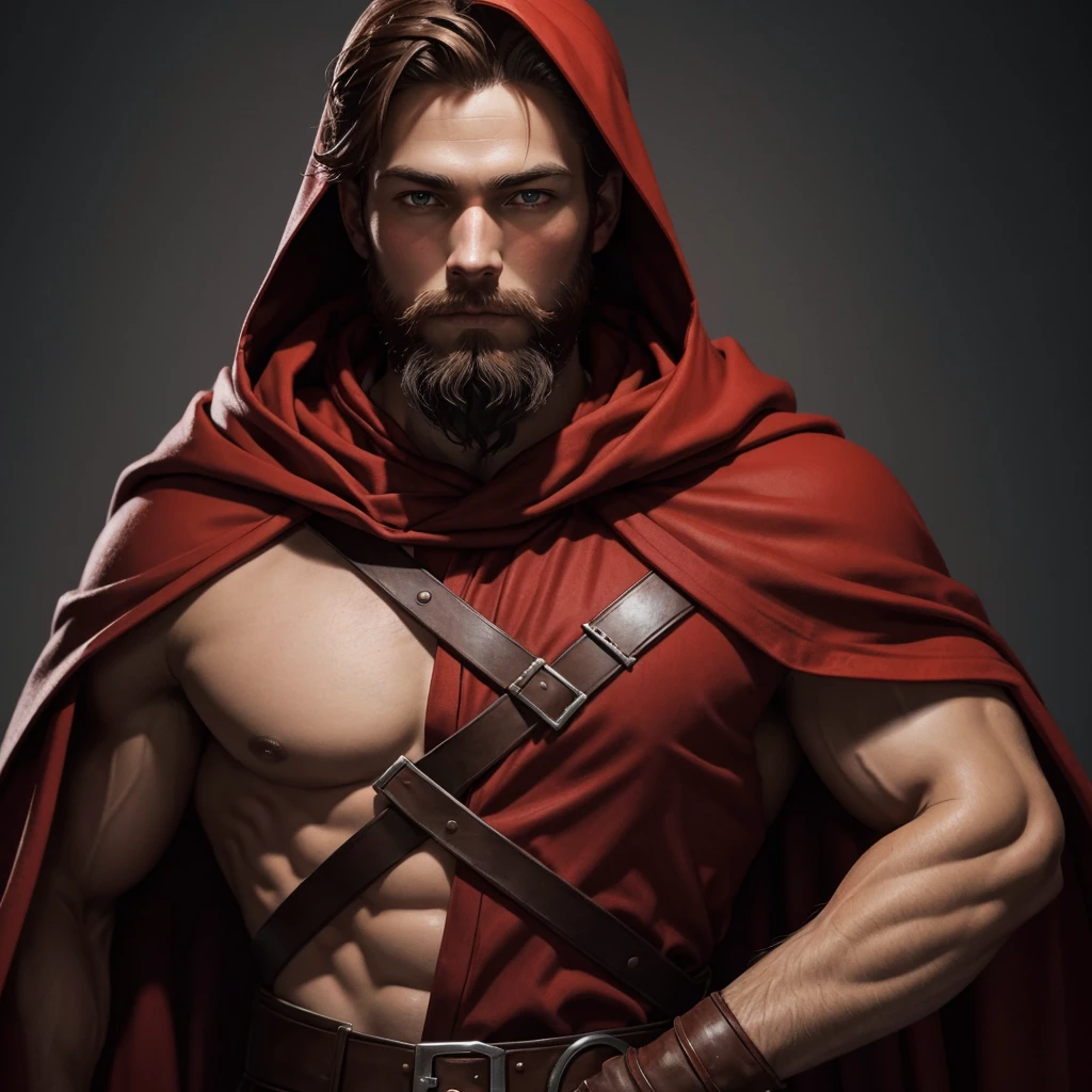 Portrait of a nordic man, dressed in red, young, brown beard and head, red hood and robes, art style