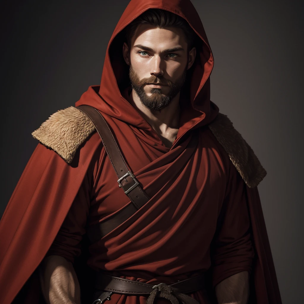Portrait of a nordic man, dressed in red, young, brown beard and head, red hood and robes, art style