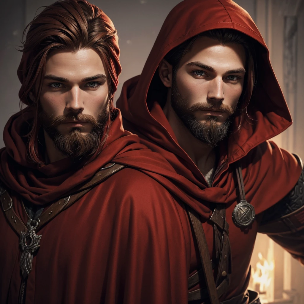 Portrait of a nordic man, dressed in red, young, brown beard and head, red hood and robes, art style