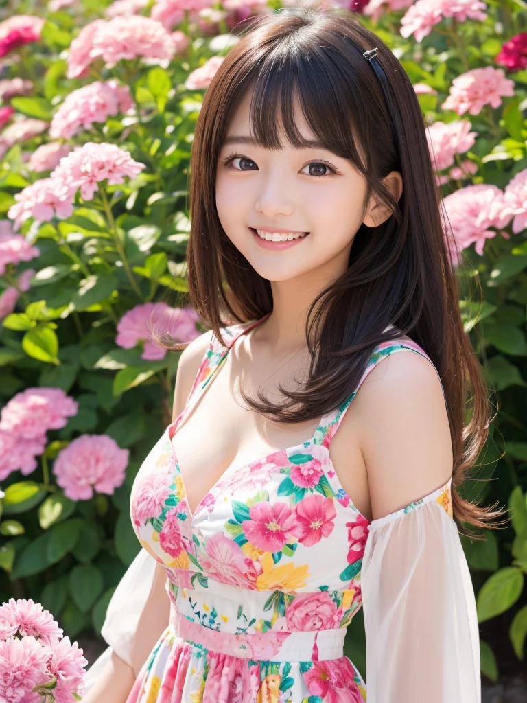 High resolution、Surrounded by colorful flowers、Japanese Girl、beautiful、Beauty、cute、Perfect Face、Big eyes、long hair、The breasts are very large、dress、smile、
